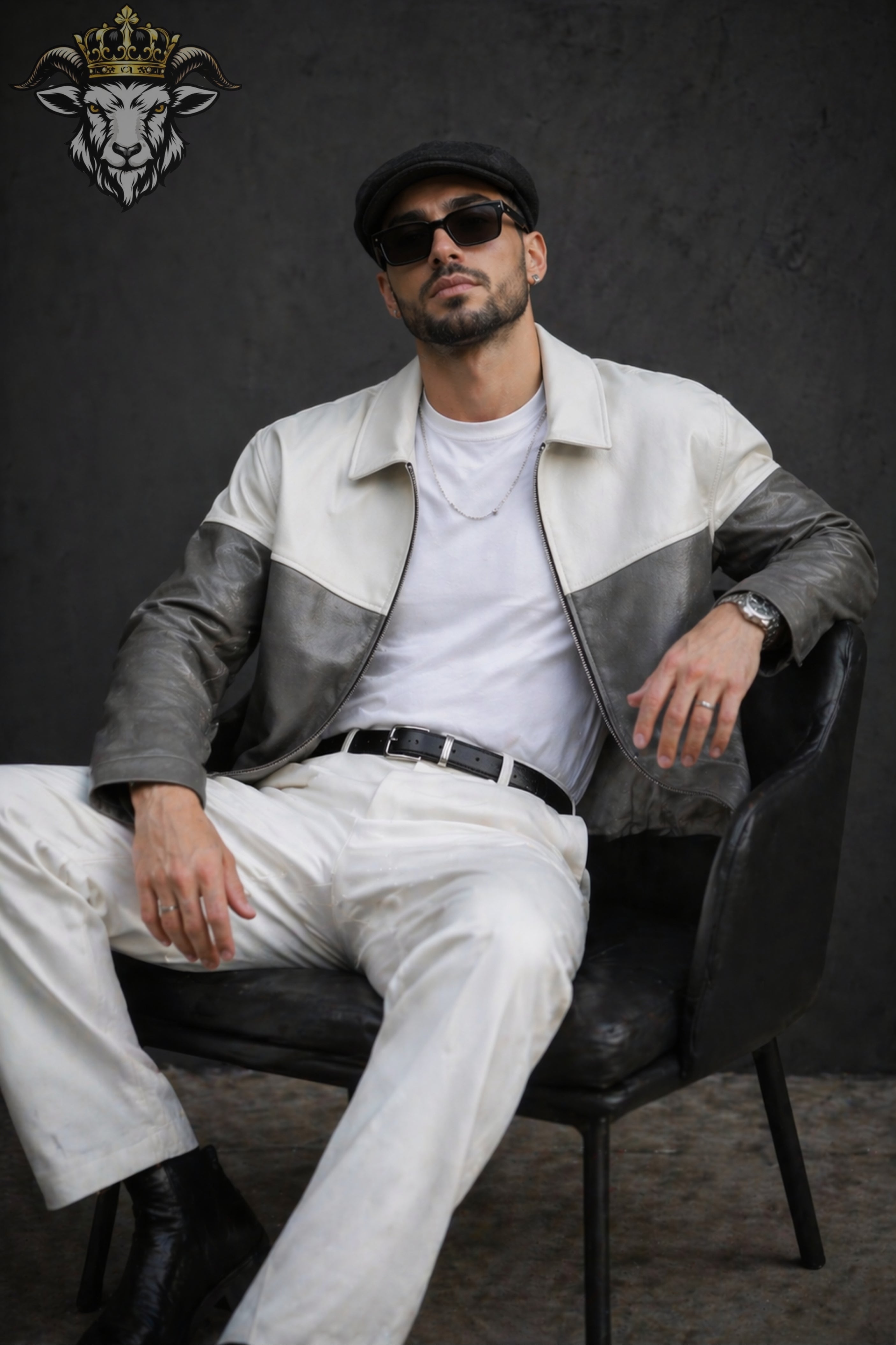 Men’s Two-Tone(Grey/White) Oversize Real Leather Bomber Jacket