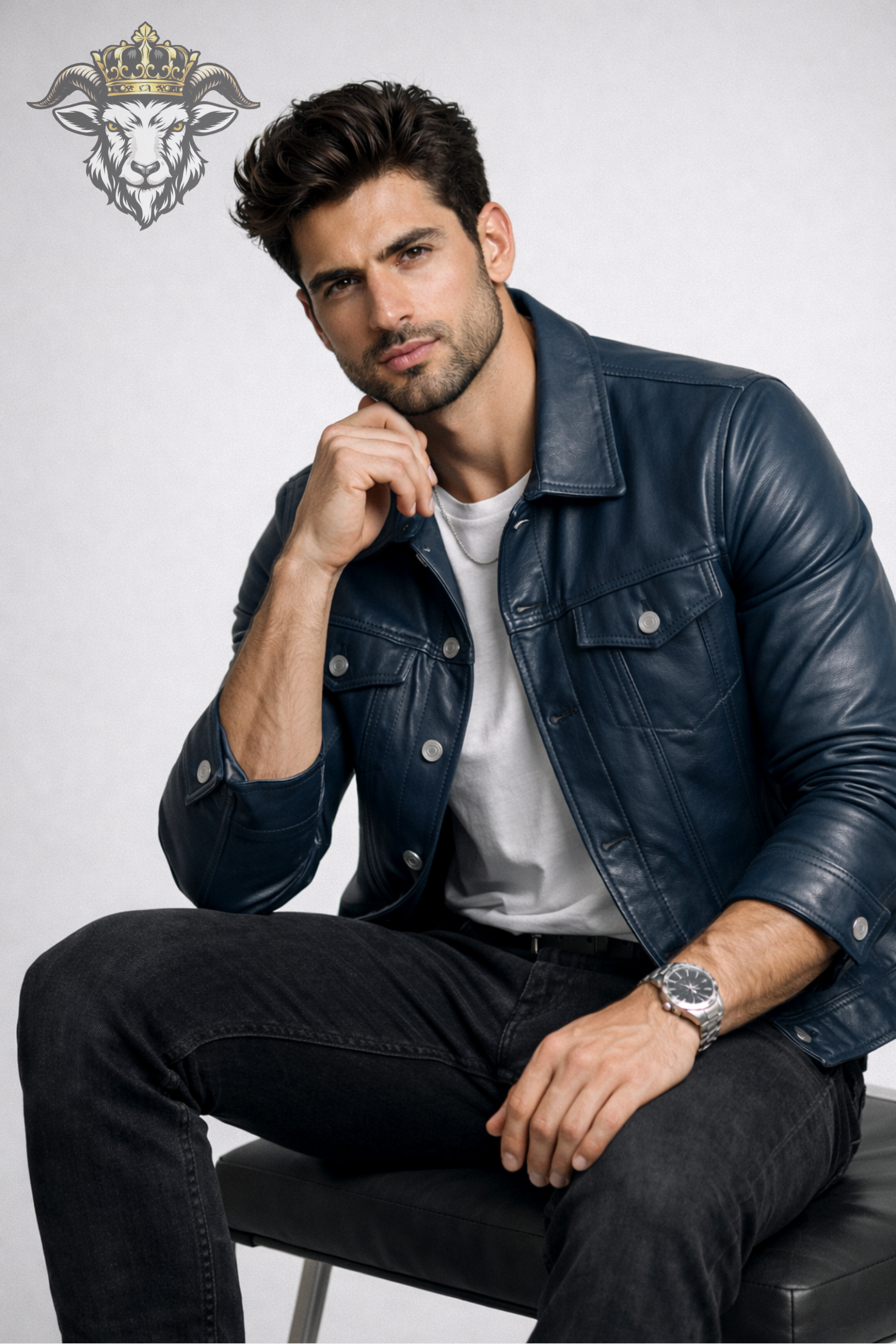 Men’s Blue Real Leather Trucker Jacket