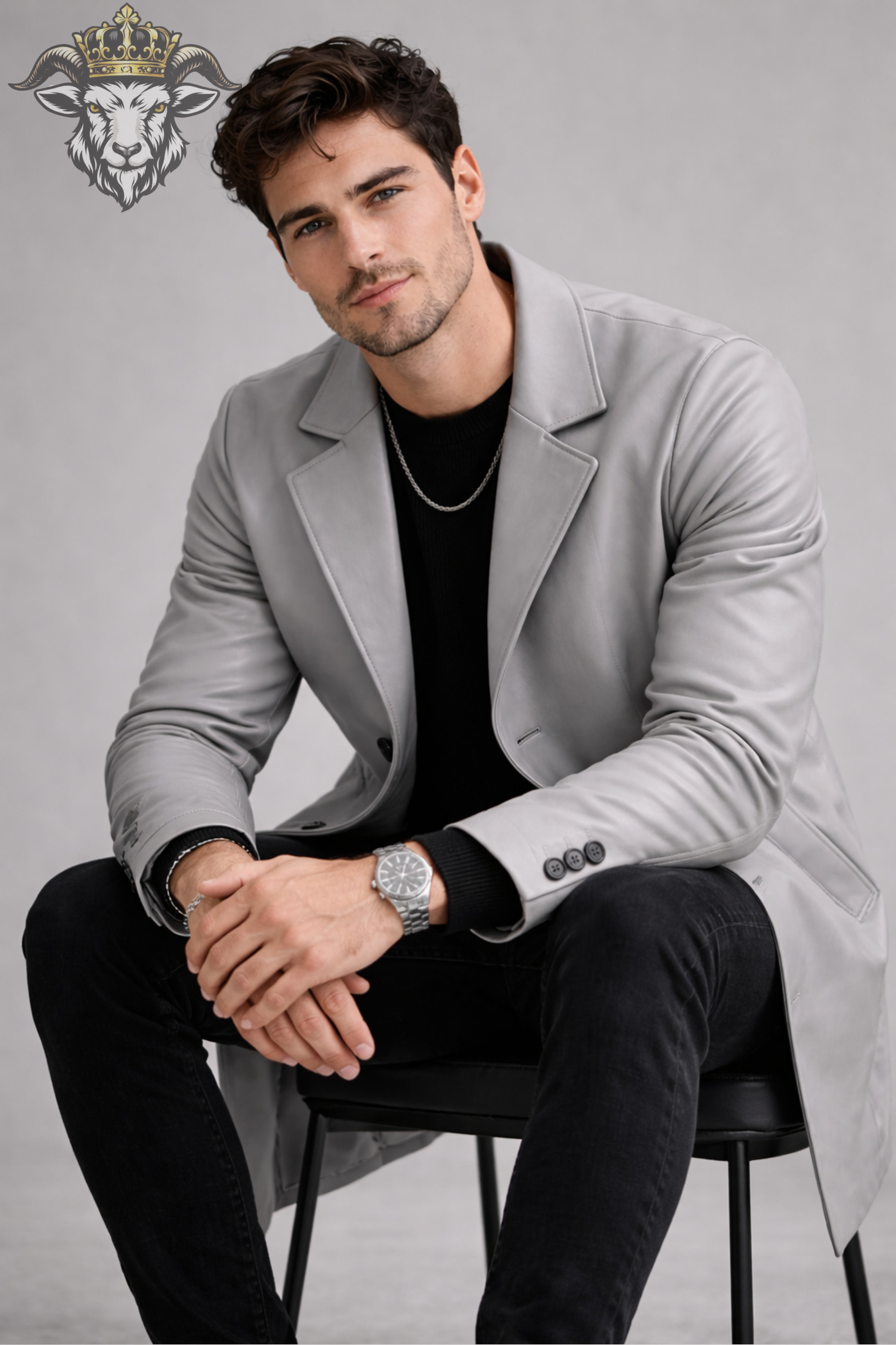 Men’s Light Grey Real Leather Coat – Mid-Thigh Premium Tailored Overcoat | Modern Slim Fit Jacket with Black Buttons
