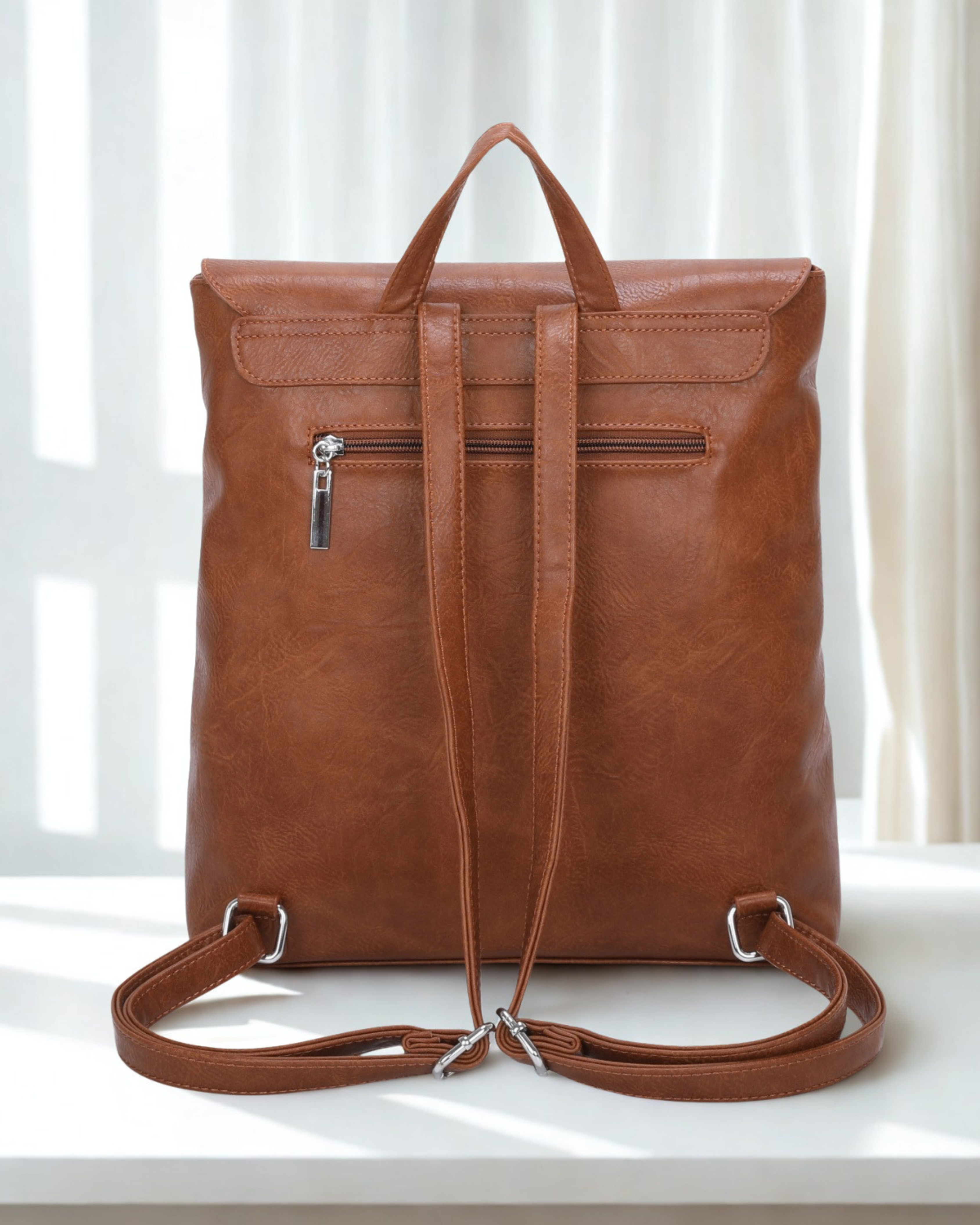 Women Synthetic Leather Look Backpack Flap Over Top Zip Magdot Buckle Bag 33cm
