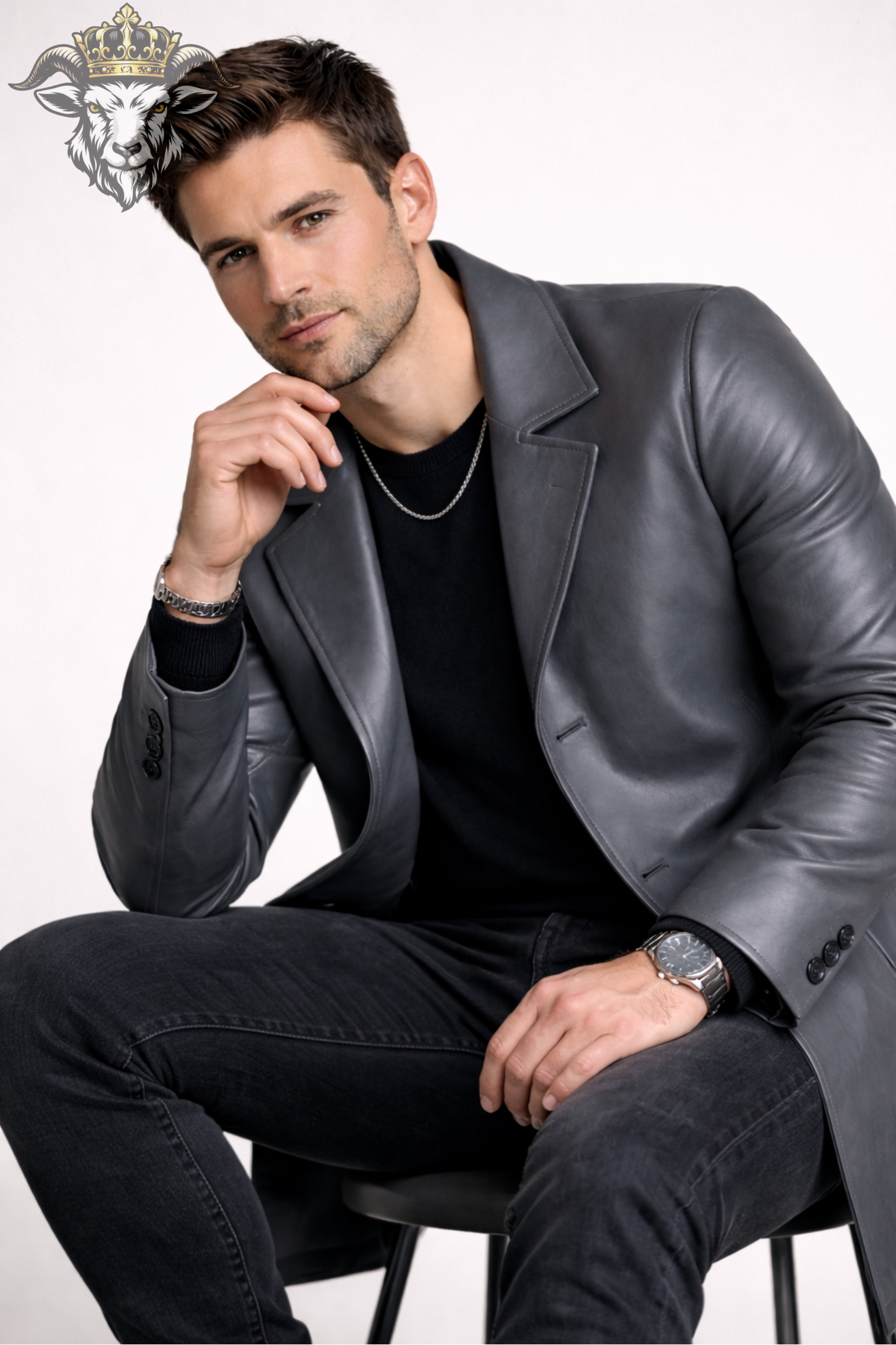 Men’s Grey Real Leather Coat – Mid-Thigh Premium Tailored Leather Overcoat for Men | Classic Modern Fit Jacket