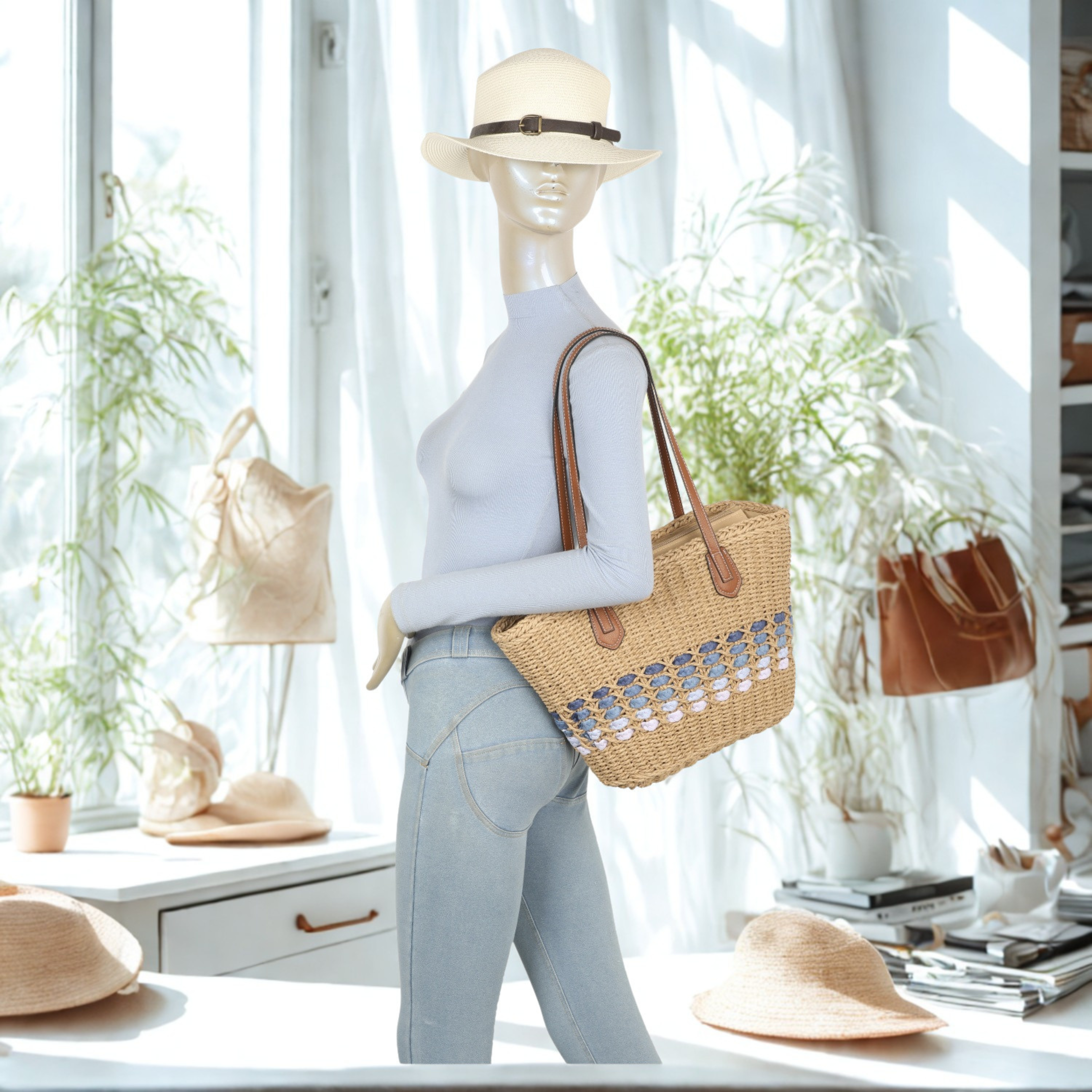Women’s Straw Tote Bag – Large Summer Beach Handbag, Silver Tone Hardware & Interior Pocket