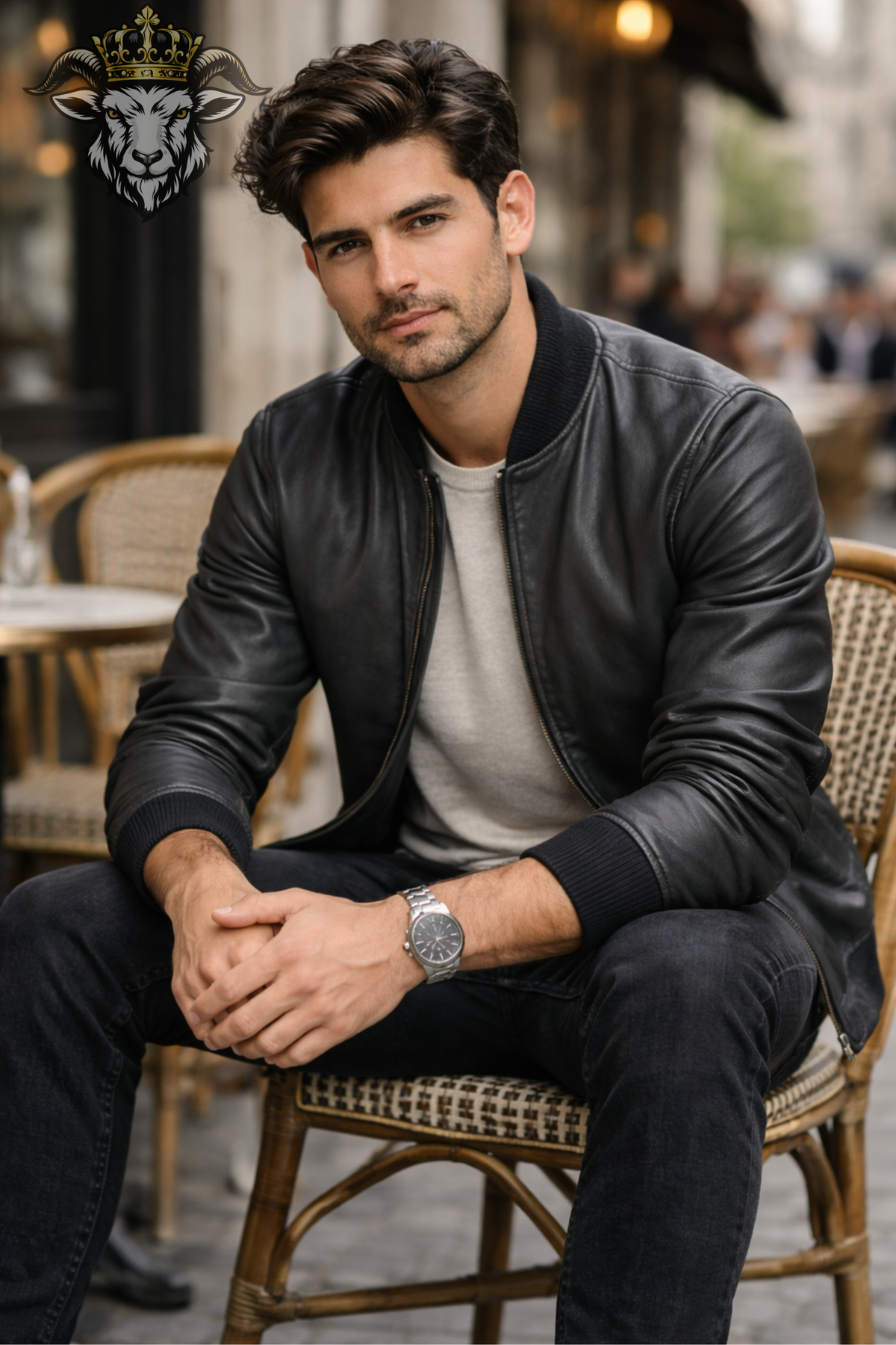 Men's Dark Gray Bomber Jacket, Ribbed Collar Leather Outerwear, Minimalist Zip Up Jacket, Modern Urban Casual Style