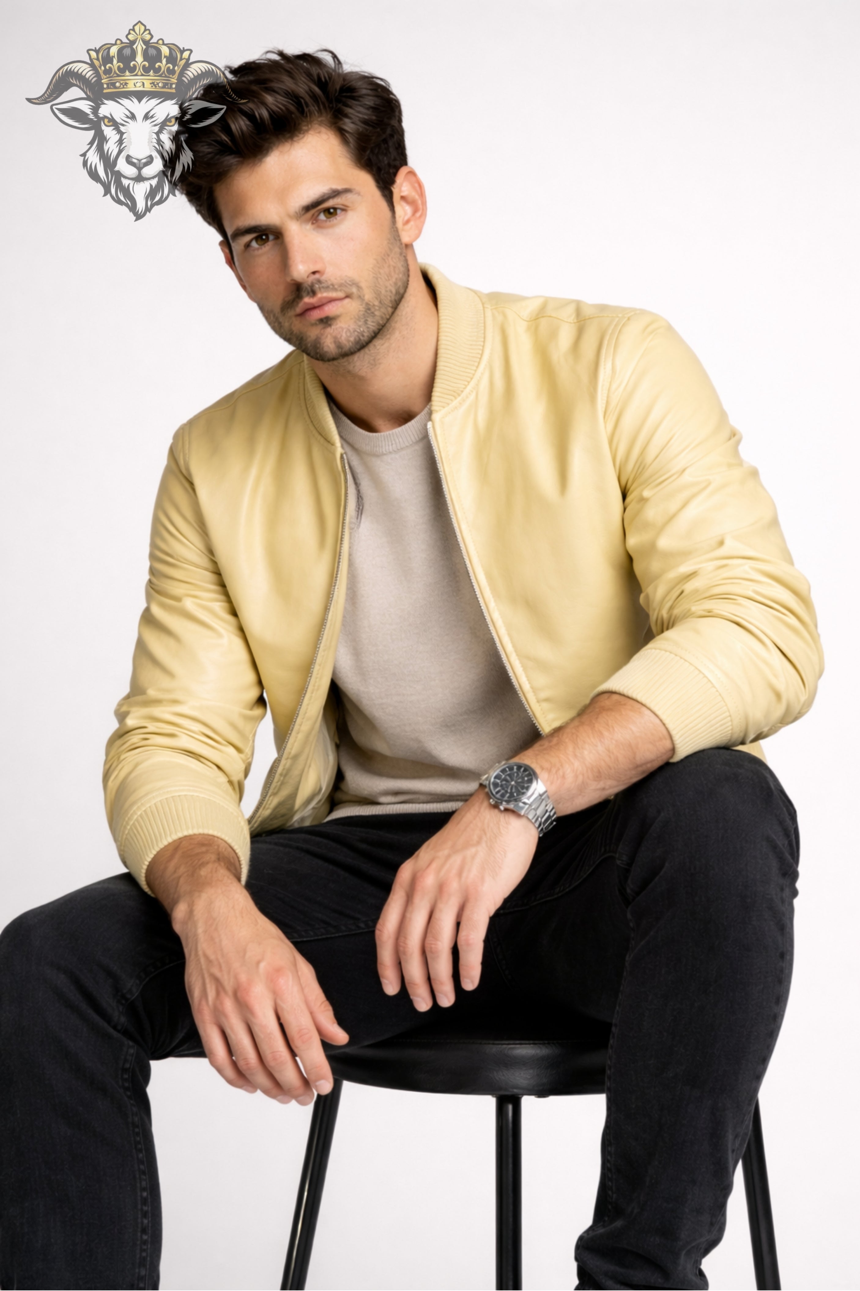 Pale Yellow Real Leather Bomber Jacket for Men