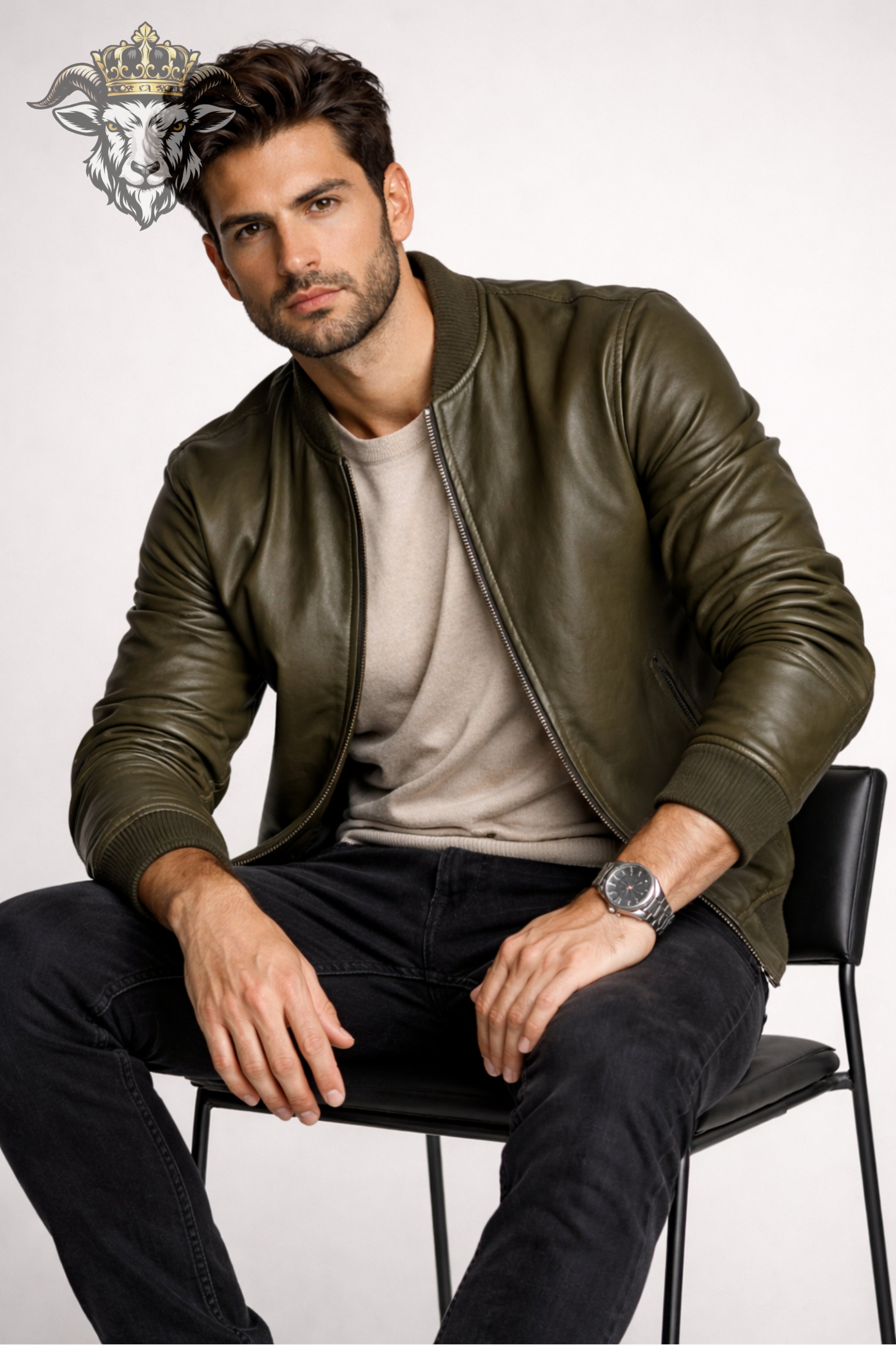 Men’s Olive Green Real Leather Bomber Jacket