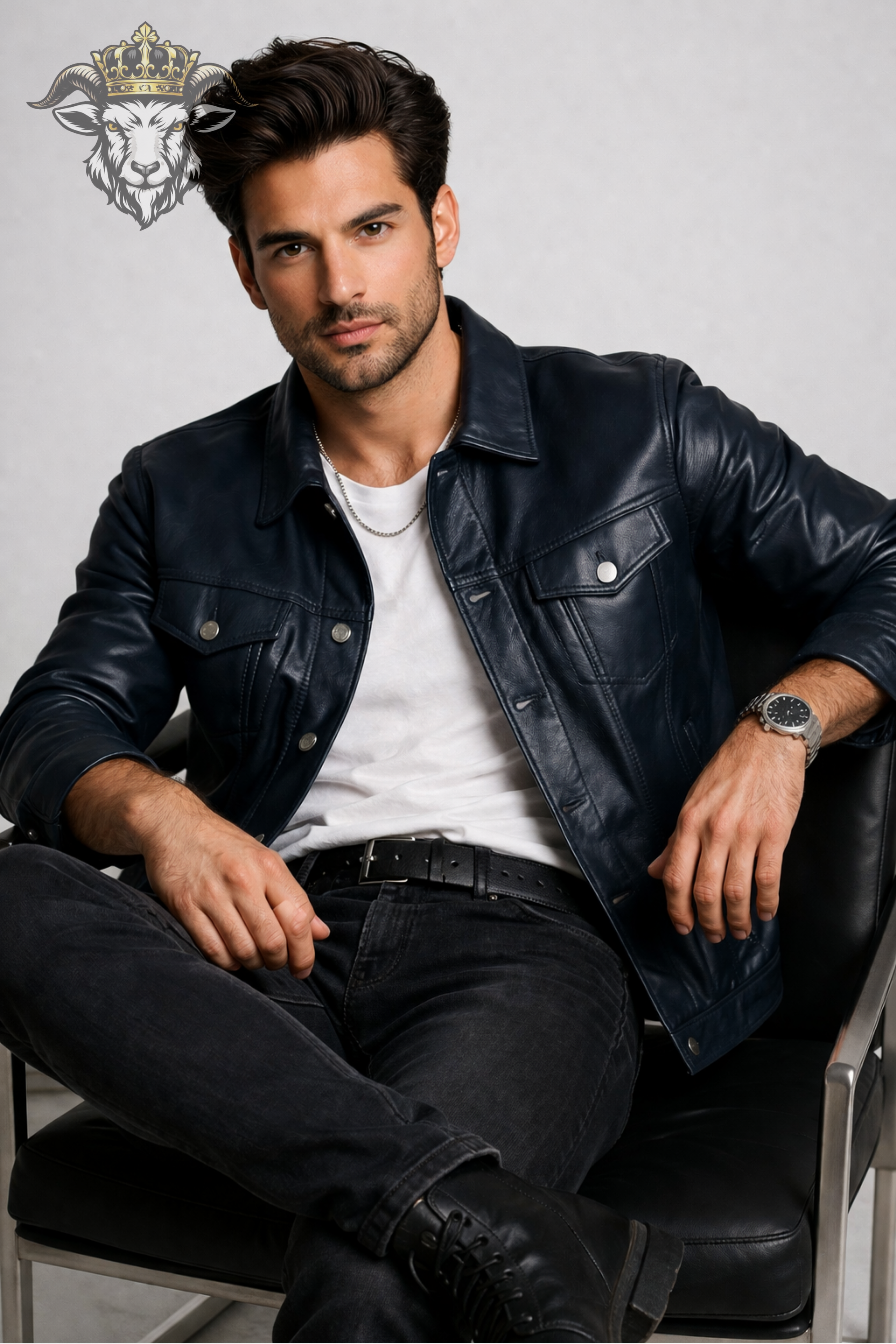 Men’s Navy Blue Real Leather Trucker Jacket