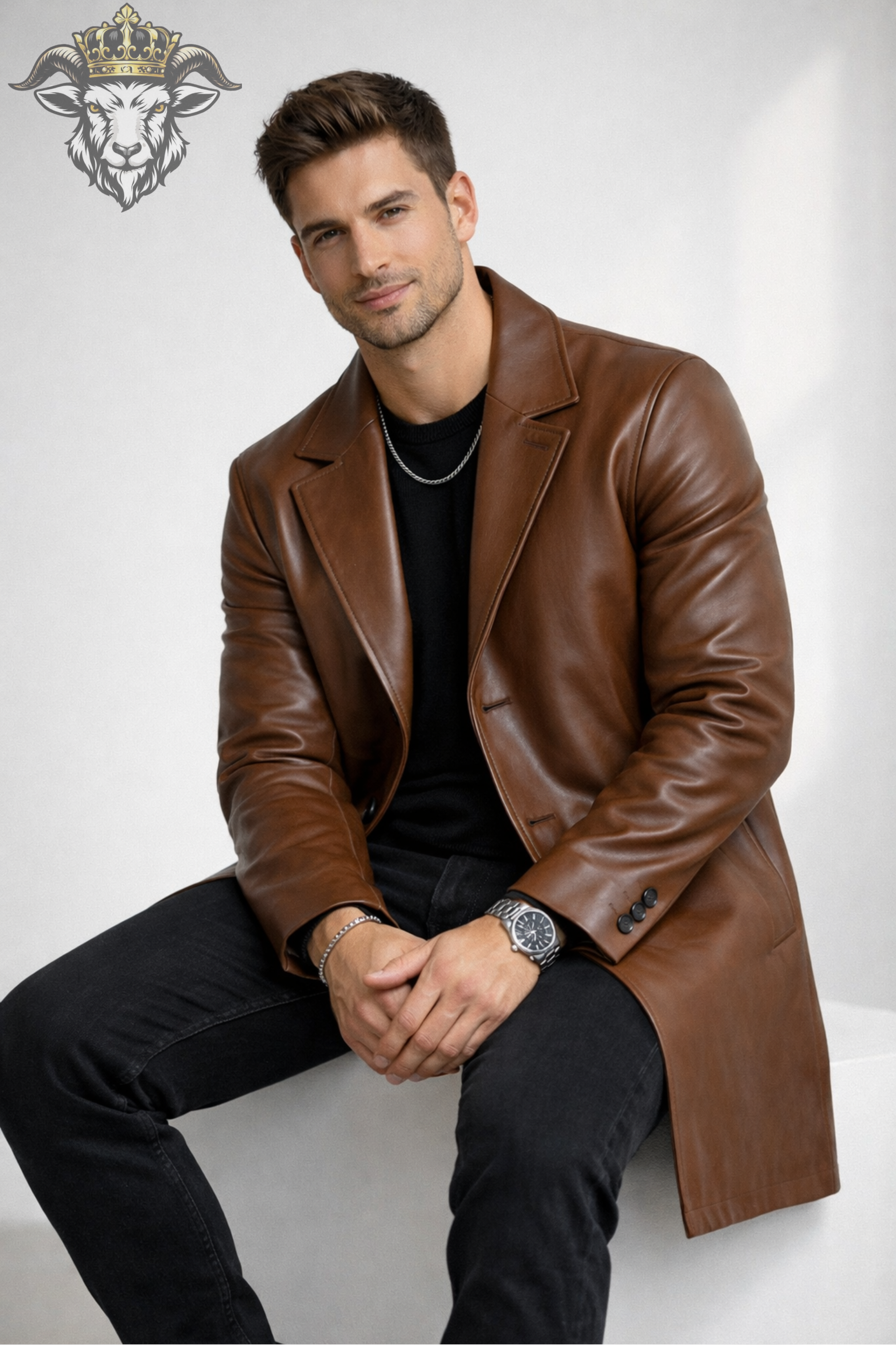 Men’s Brown Real Leather Coat – Mid-Thigh Length, Classic Tailored Fit, Premium Genuine Leather Jacket for Winter & Casual Wear