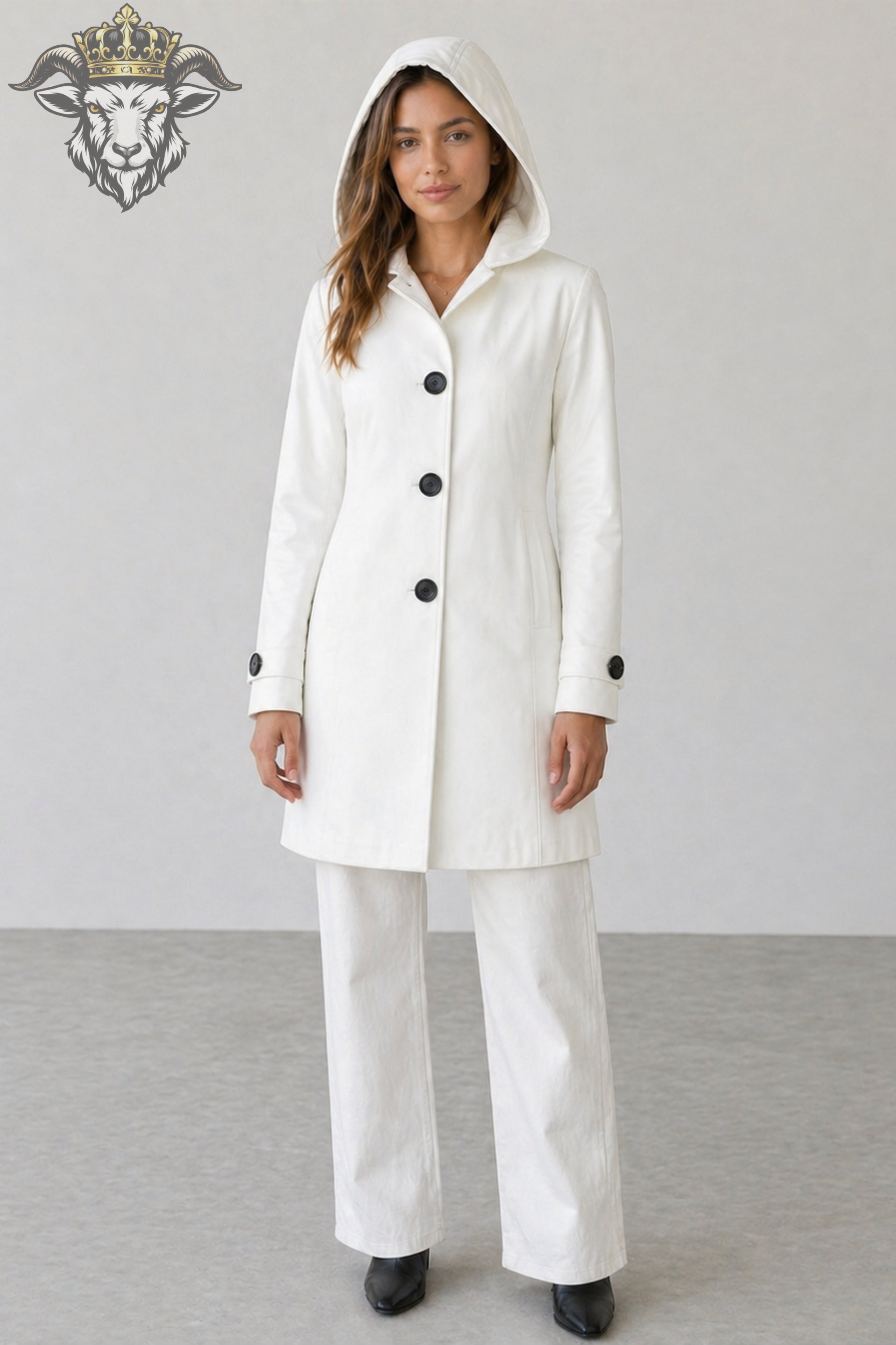 Women’s White Real Leather Hooded Coat
