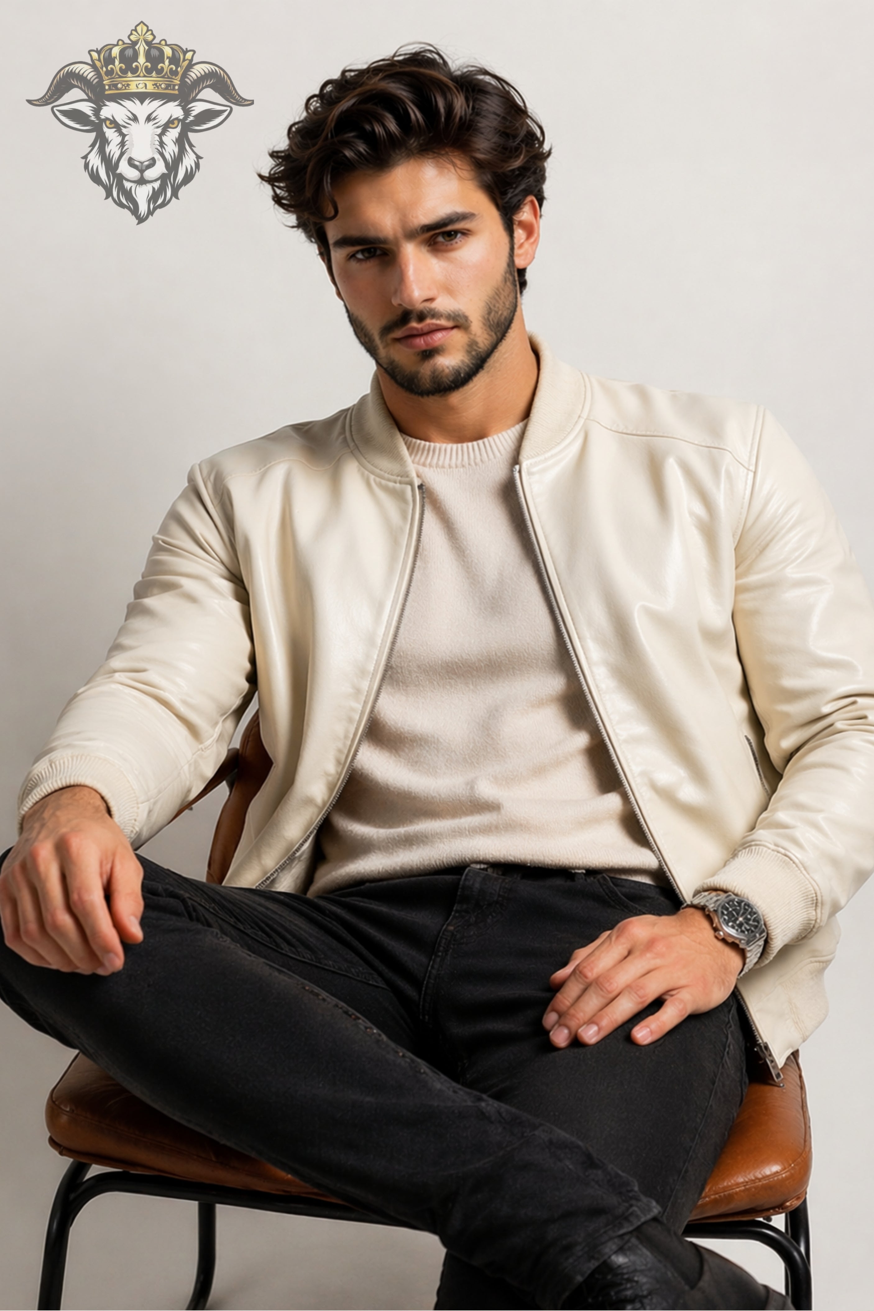 Men’s Cream Real Leather Bomber Jacket