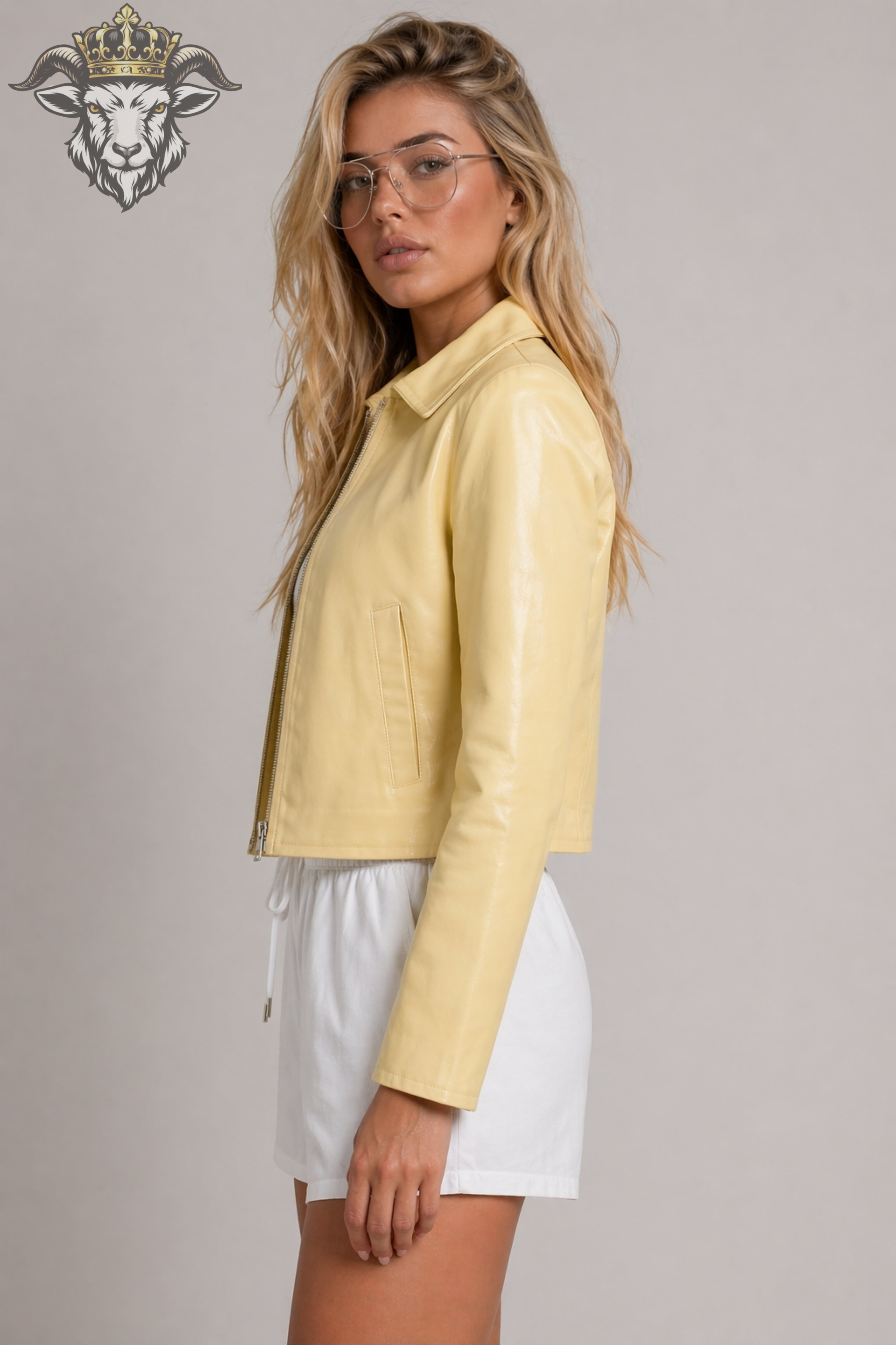 Women’s Pale Yellow Real Leather Cropped Jacket