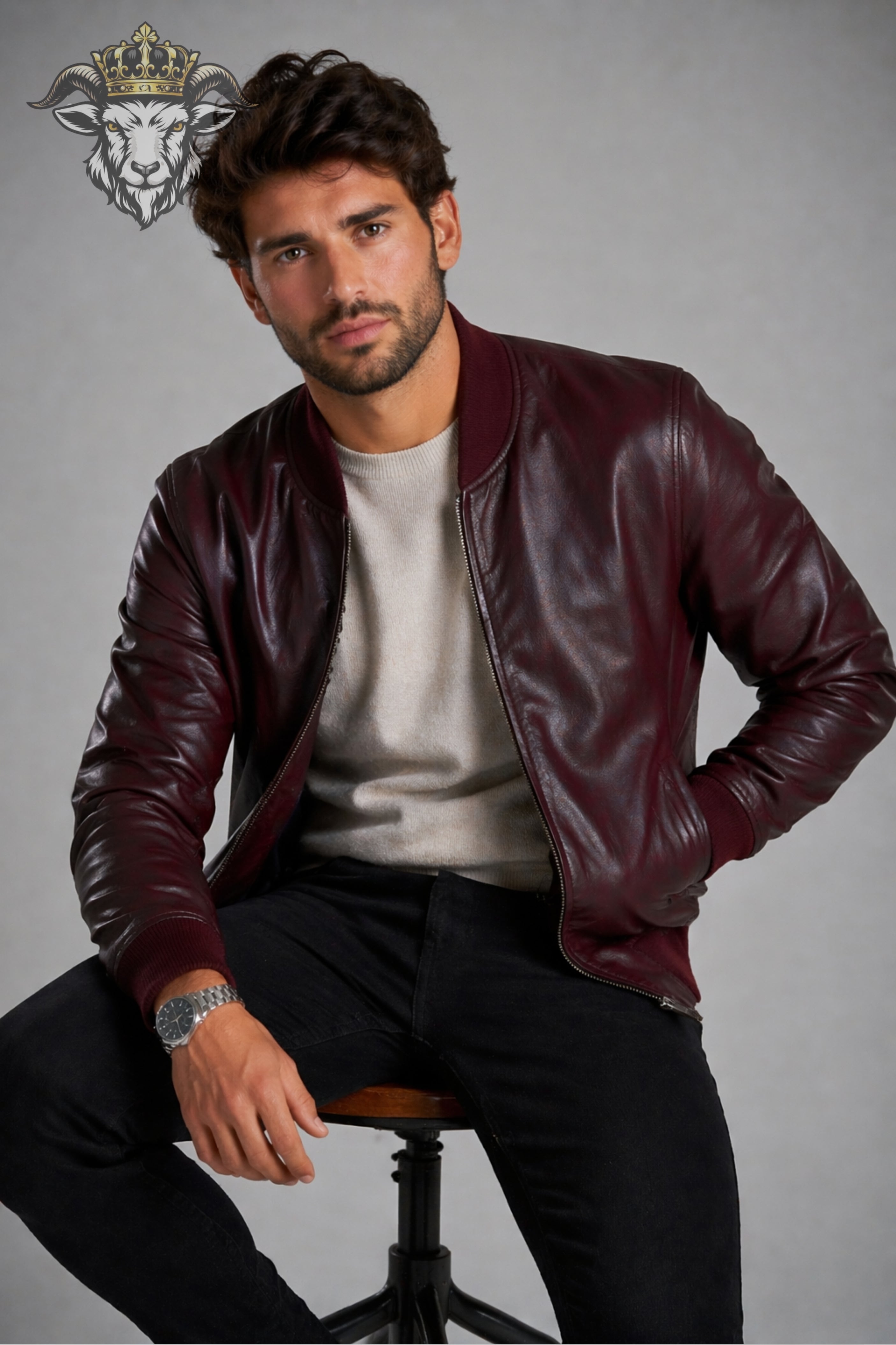 Men’s Burgundy Real Leather Bomber Jacket