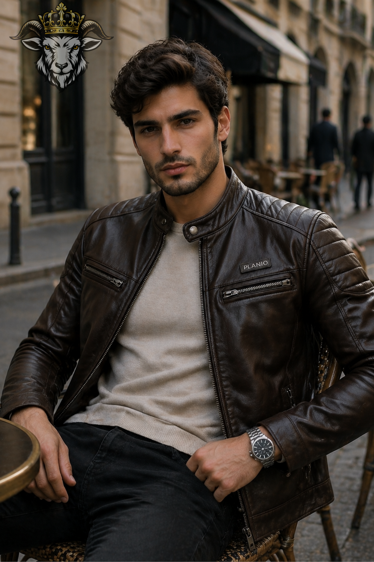 Men's Dark Brown Leather Biker Jacket, PLANIO Slim Fit Motorcycle Jacket, Quilted Shoulder Detail, Stand Collar, Zipper Front Casual Outerwear