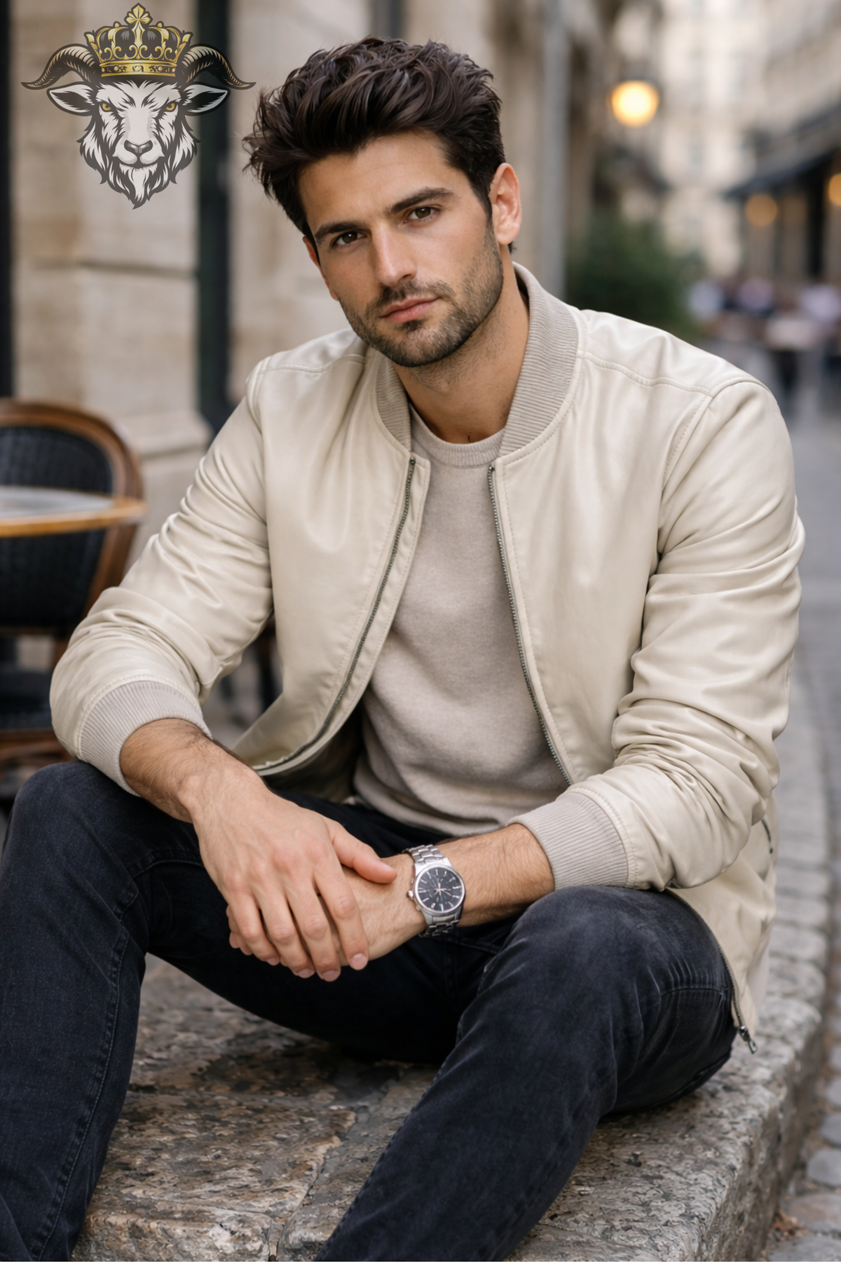 Men's Cream Real Leather Bomber Jacket, Ribbed Collar Zip-Up Jacket, Minimalist Beige Streetwear Outerwear, Casual Moto Jacket