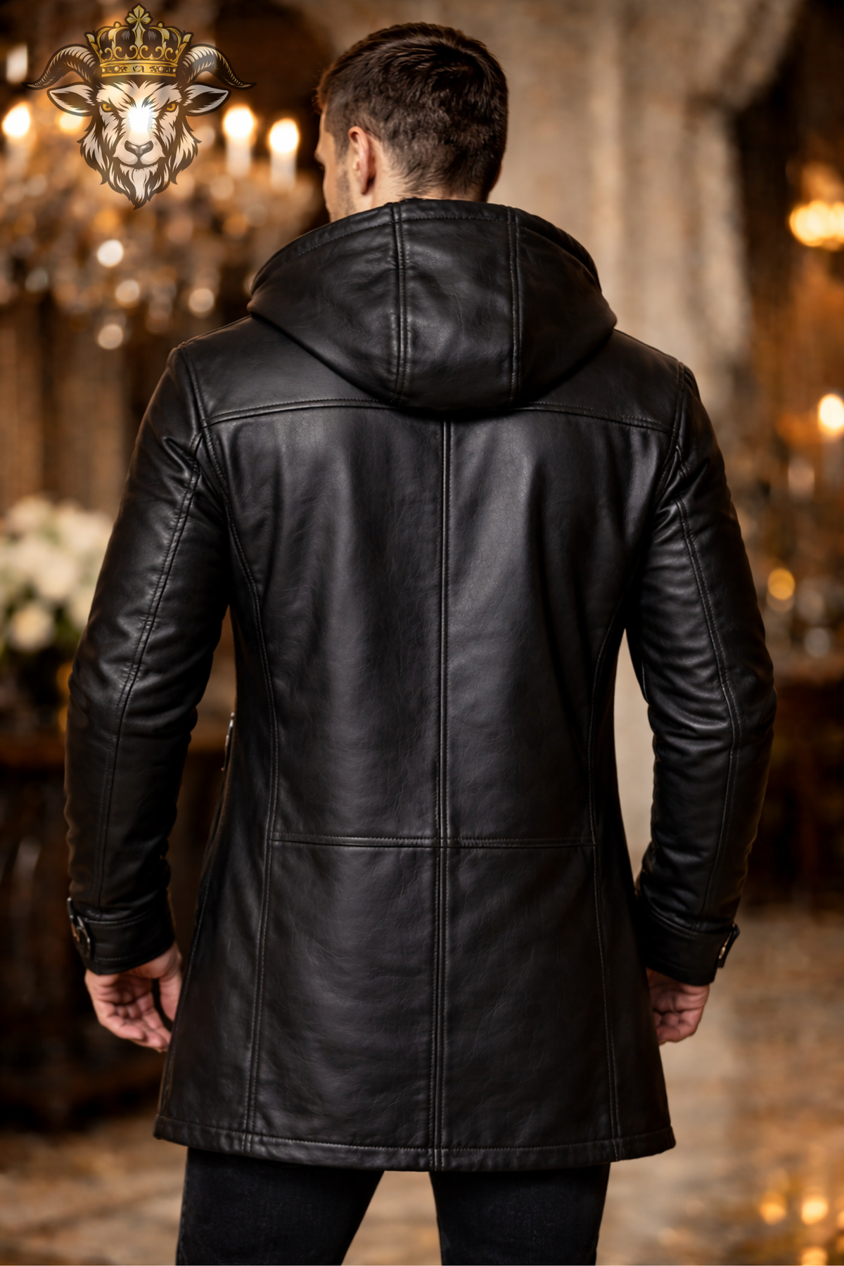 Men’s Black Genuine Leather Hooded Long Coat, Above Knee Winter Jacket, Zip Front Biker Trench Coat, Stylish Gothic Outerwear