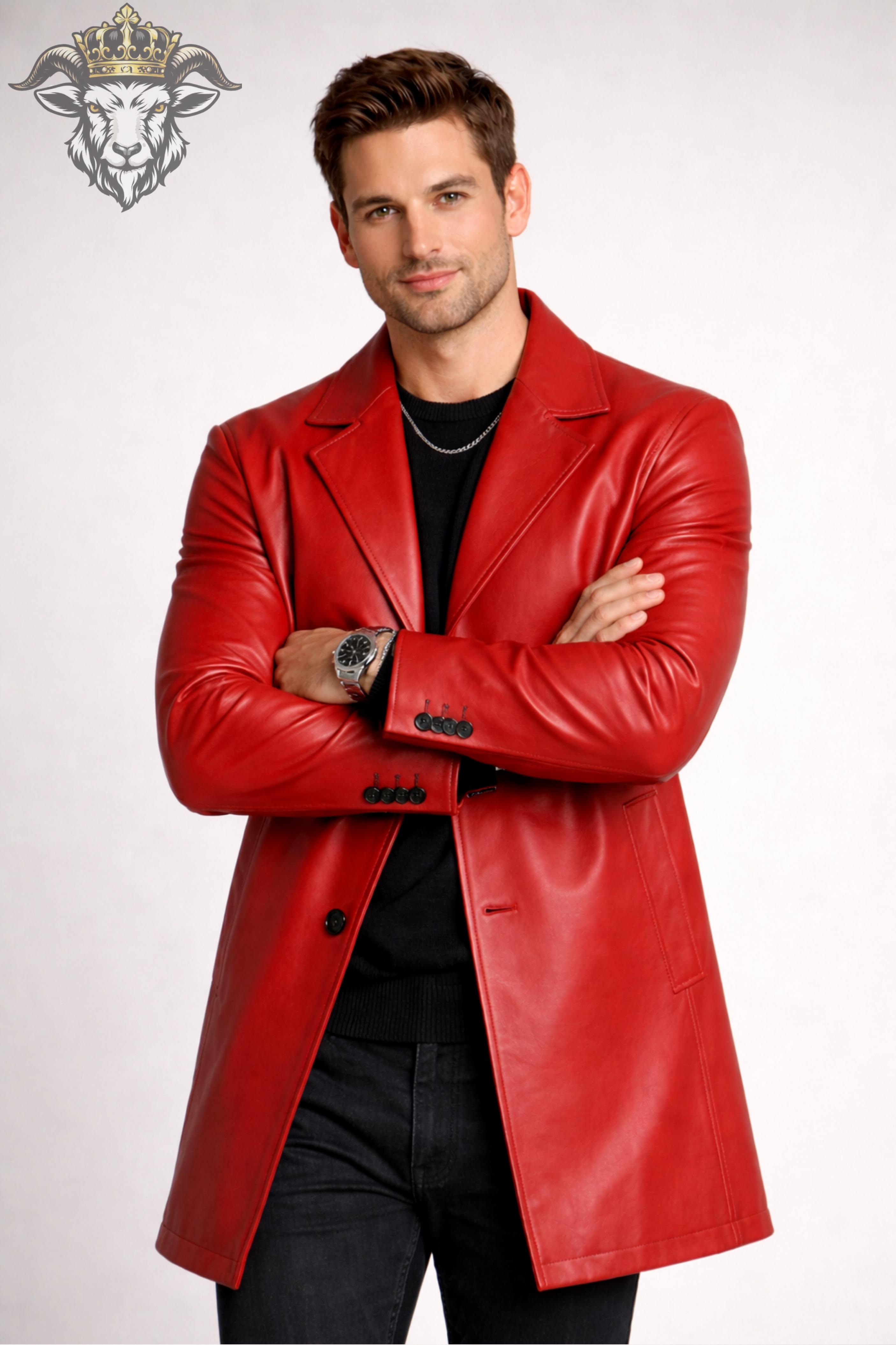 Men’s Red Real Leather Coat – Mid-Thigh Length Premium Matte Leather Jacket with Wide Lapel & Tailored Fit