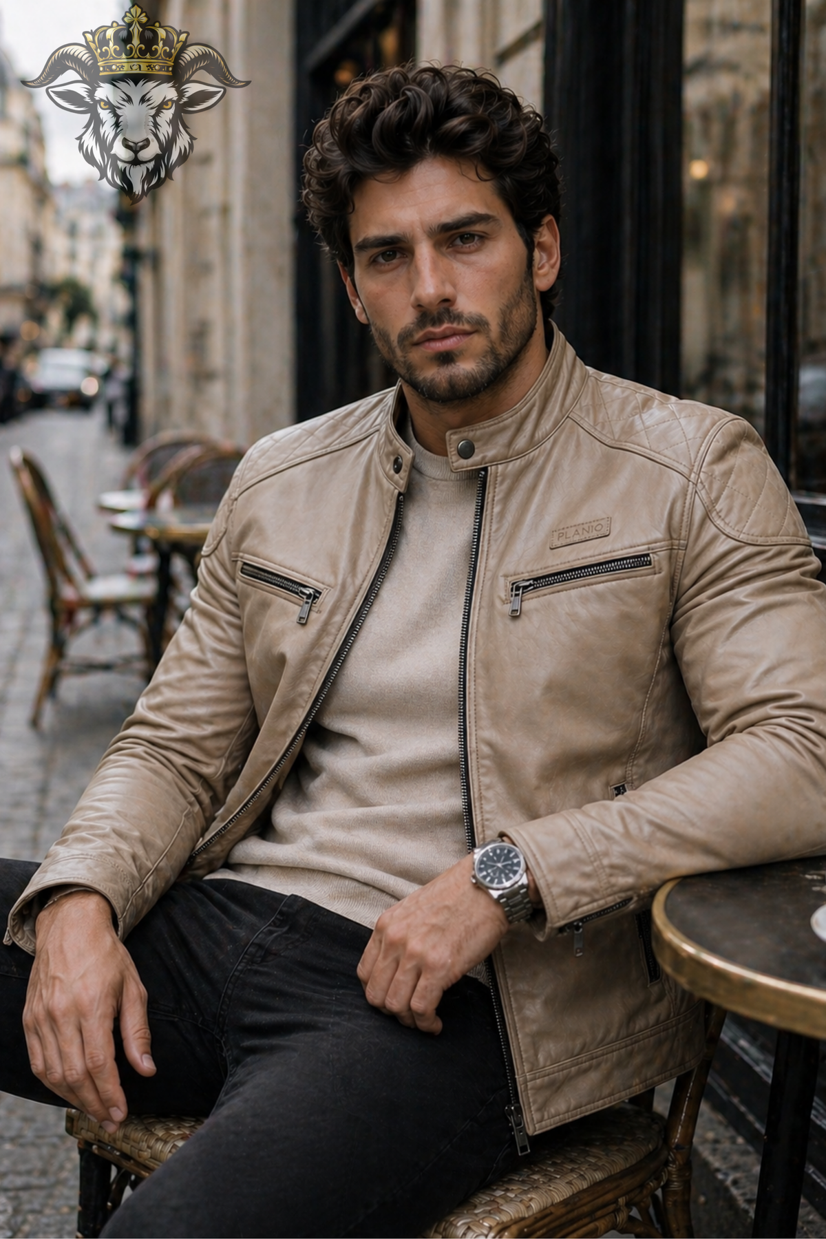 Men's Beige Leather Biker Jacket – Slim Fit Real Leather Moto Jacket, Vintage Cafe Racer Jacket with Quilted Shoulders