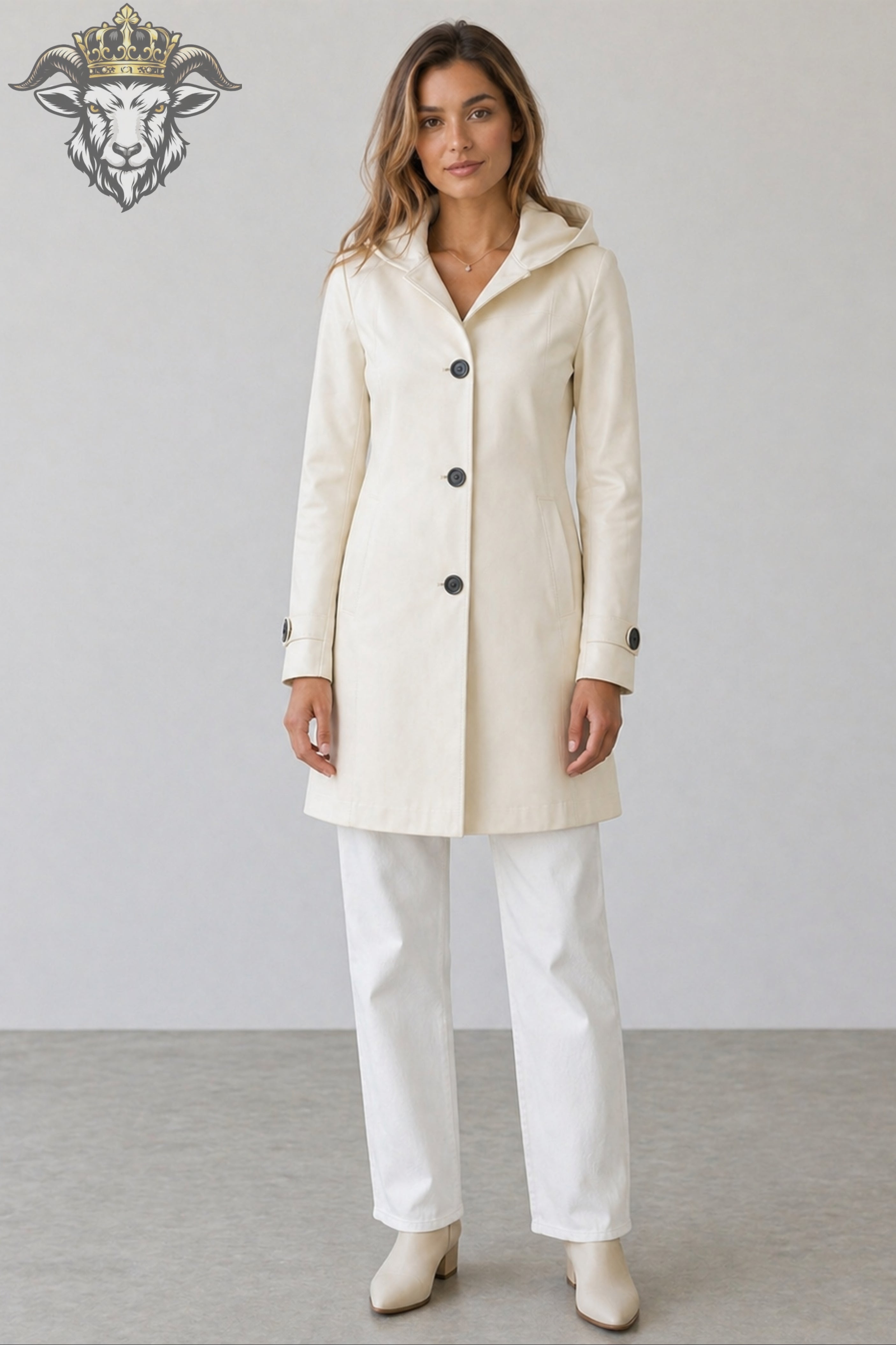 Women’s Cream Real Leather Hooded Coat