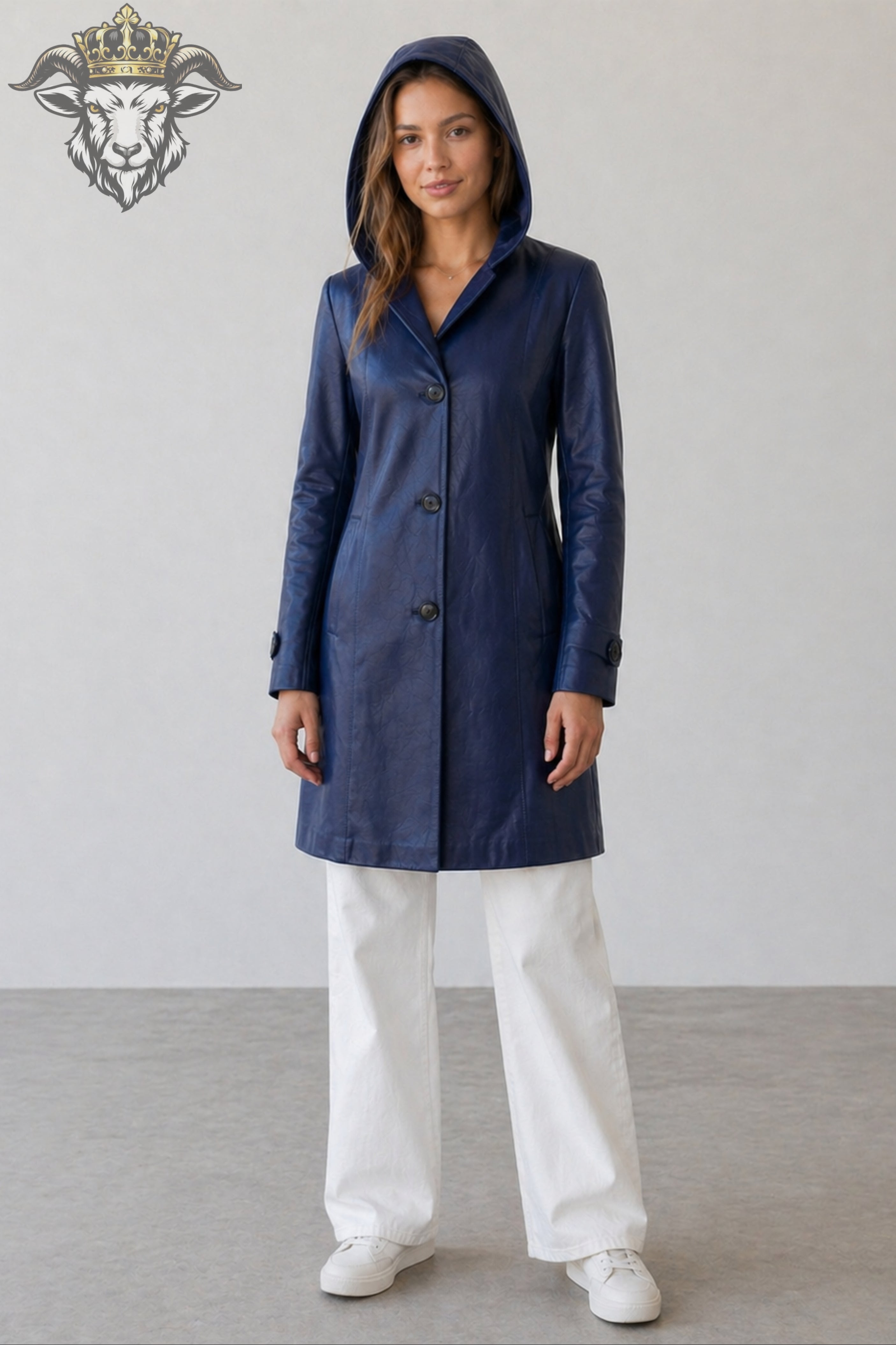 Women’s Indigo Real Leather Hooded Coat