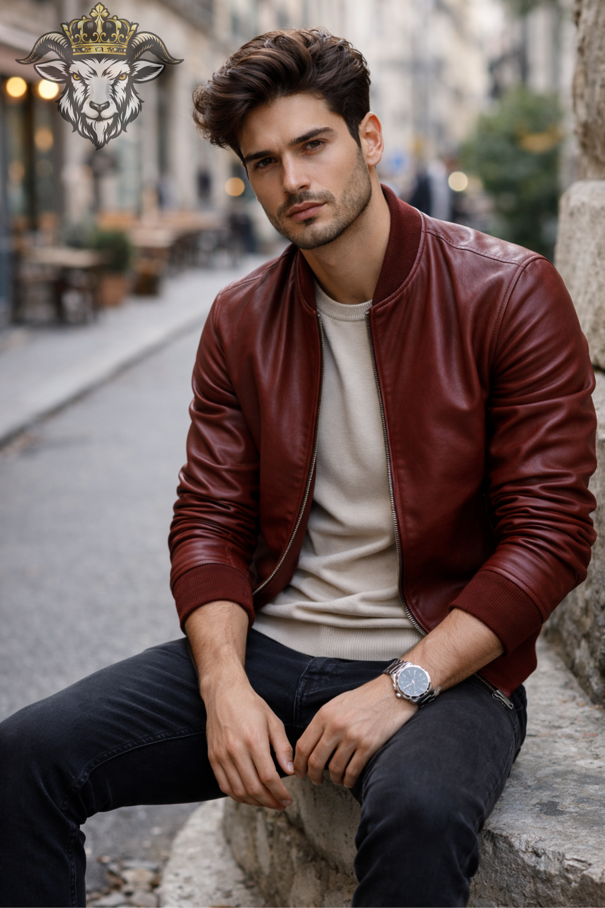 Men's Burgundy Red Leather Bomber Jacket, Ribbed Collar Zip-Up Jacket, Modern Classic Outerwear