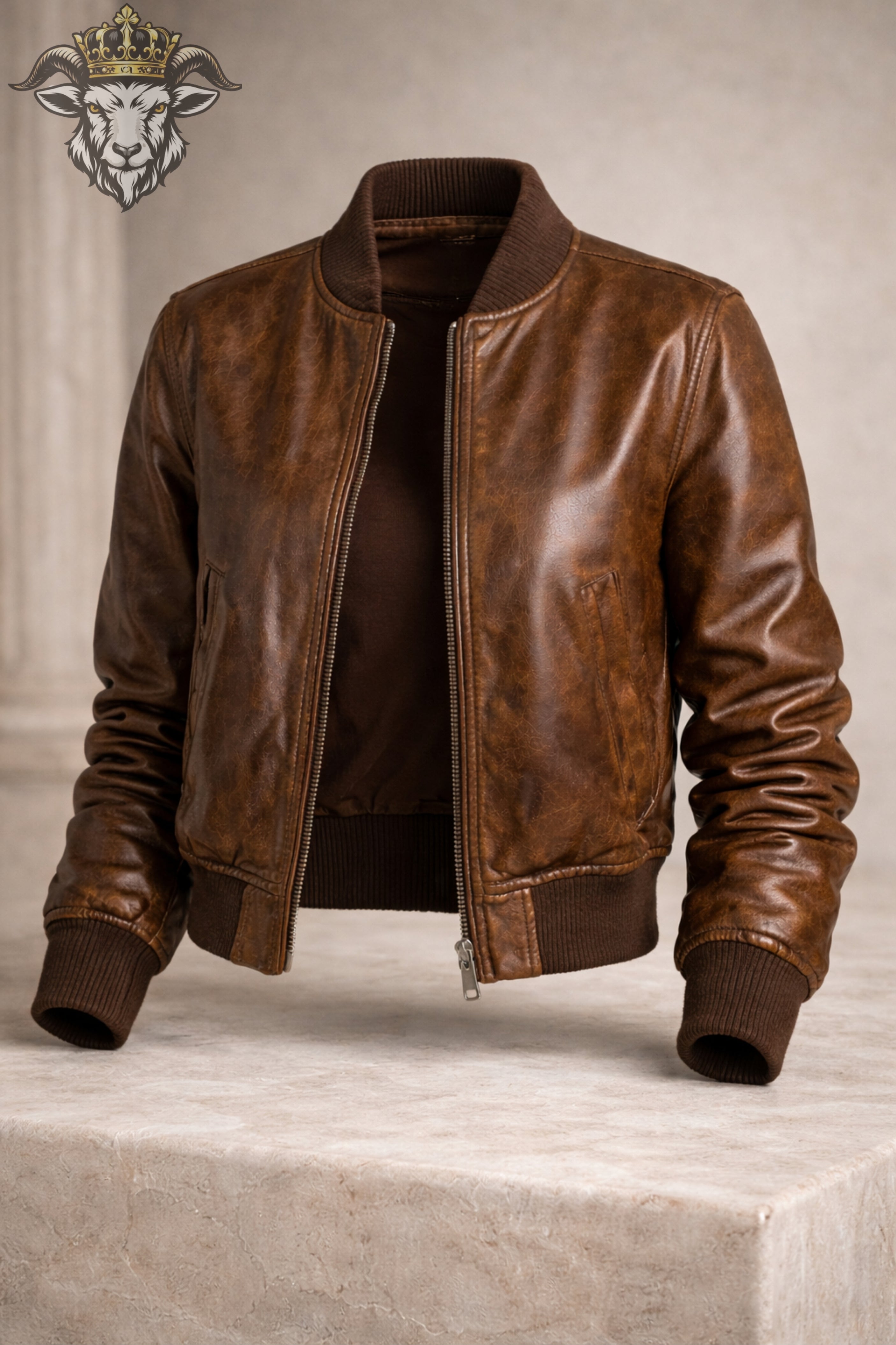 Women’s Distressed Brown Leather Bomber Jacket