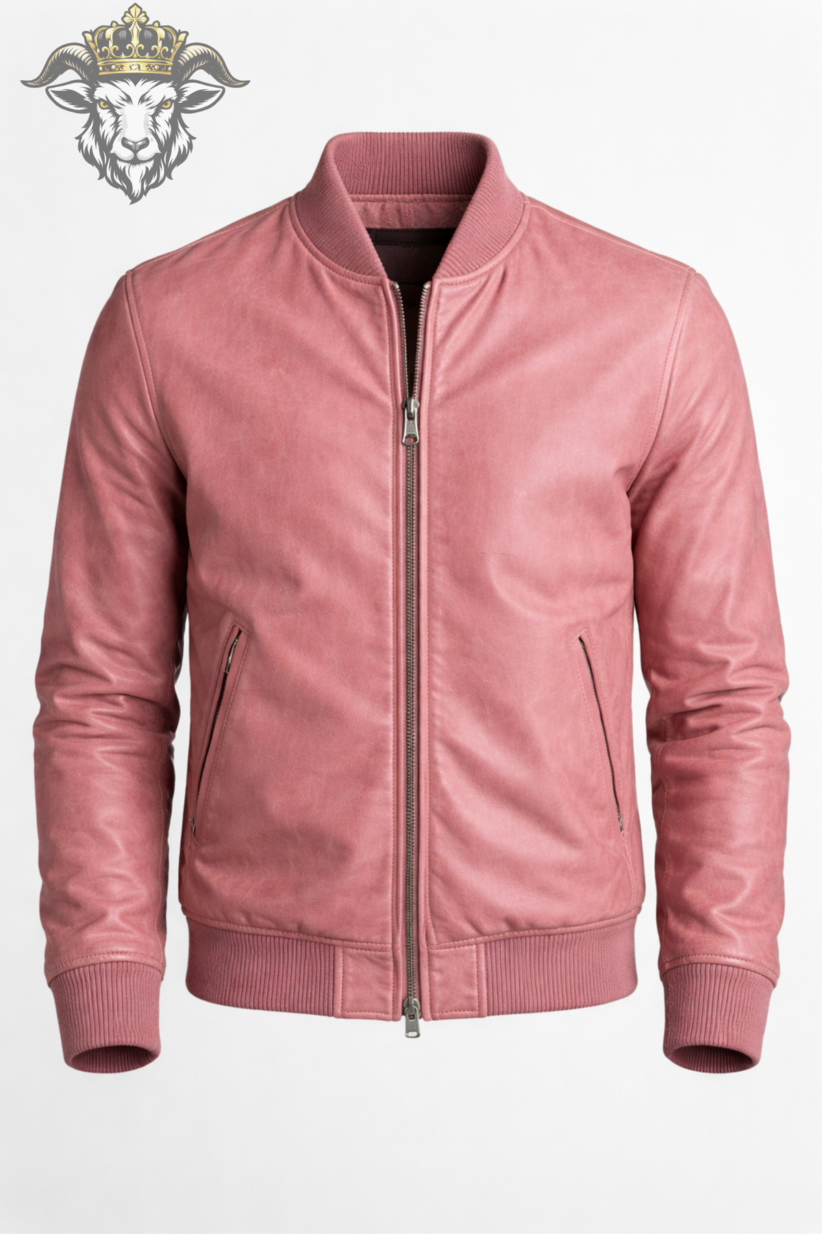 Men’s Pink Leather Bomber Jacket, Slim Fit Ribbed Collar Zip Jacket, Modern Streetwear Outerwear, Casual Fashion Jacket for Men