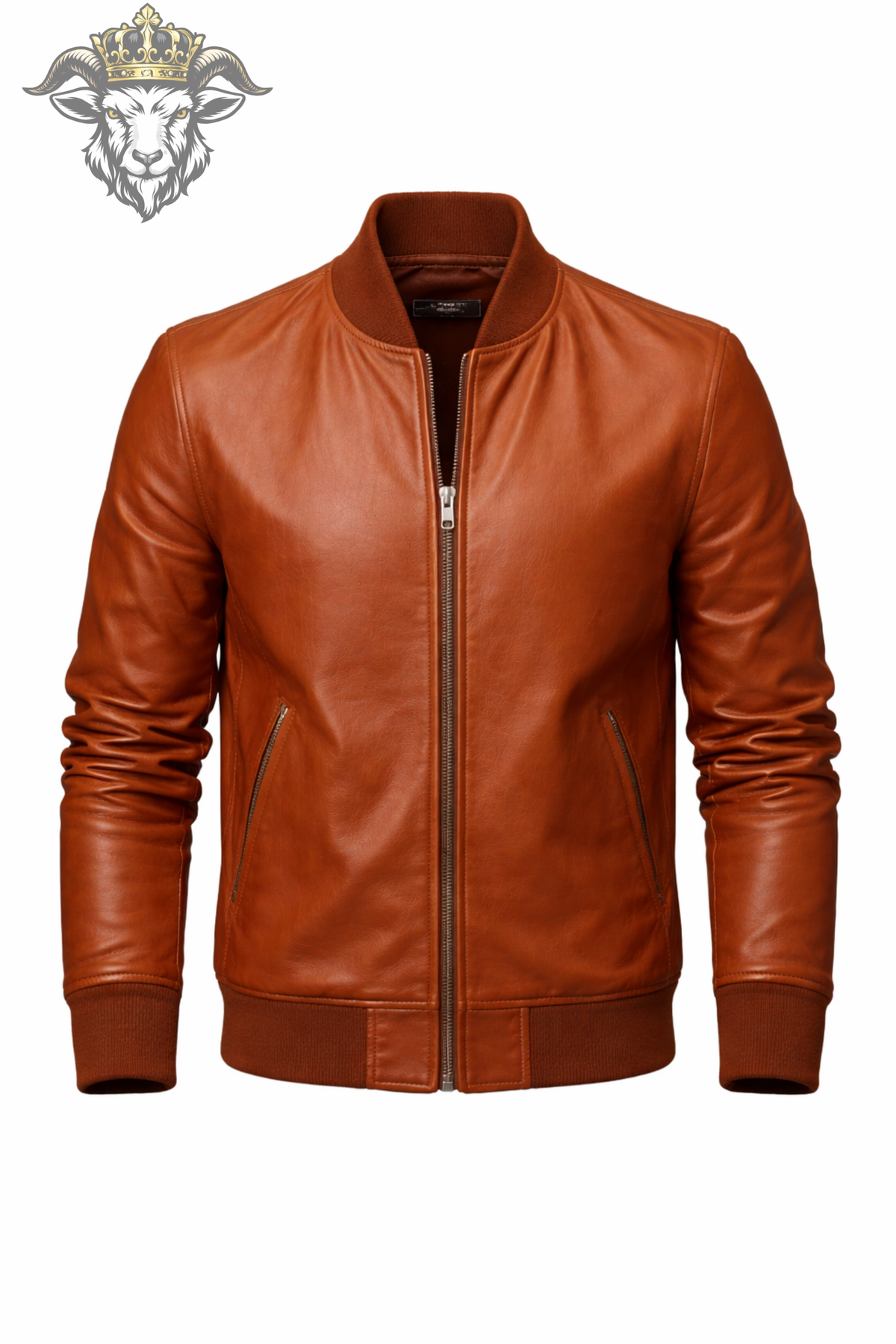Men's Burnt Orange Real Leather Bomber Jacket, Vintage Inspired Zip Jacket, Ribbed Collar Streetwear Coat, Casual Fall Outerwear