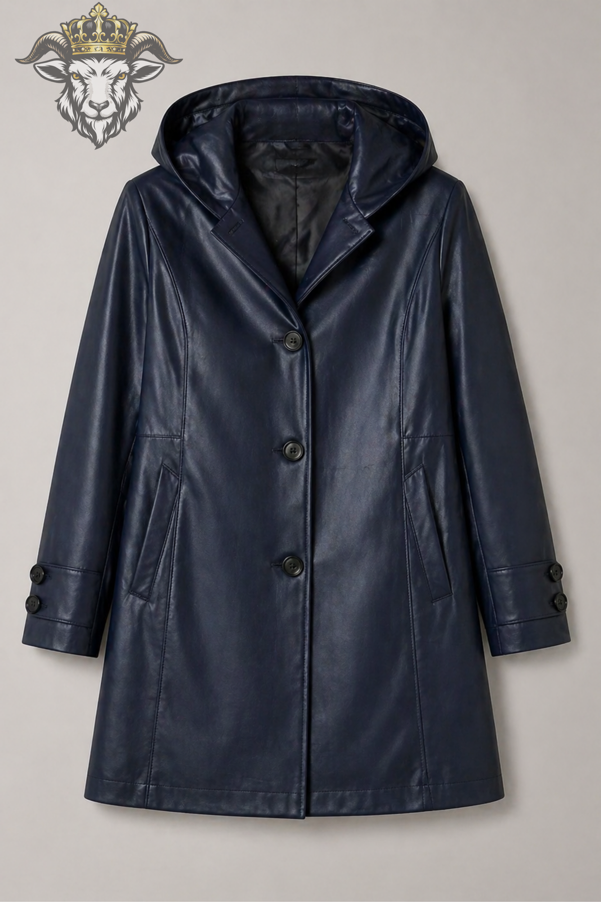 Women’s Navy Blue Hooded Leather Coat – Premium Long Tailored Jacket with Black Buttons, Elegant Winter Outerwear