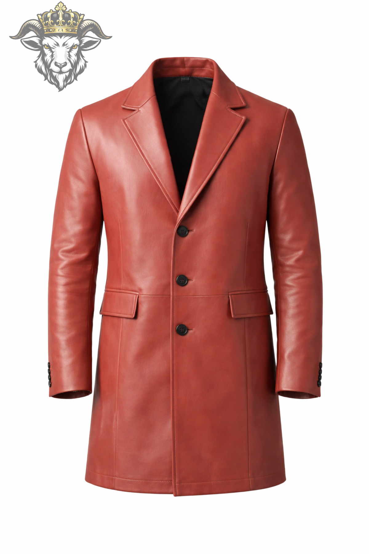 Men's Red Leather Coat, Tailored Mid-Thigh Jacket, 3 Button Blazer Style Outerwear, Sharp Lapel Long Leather Coat, Modern Men's Fashion