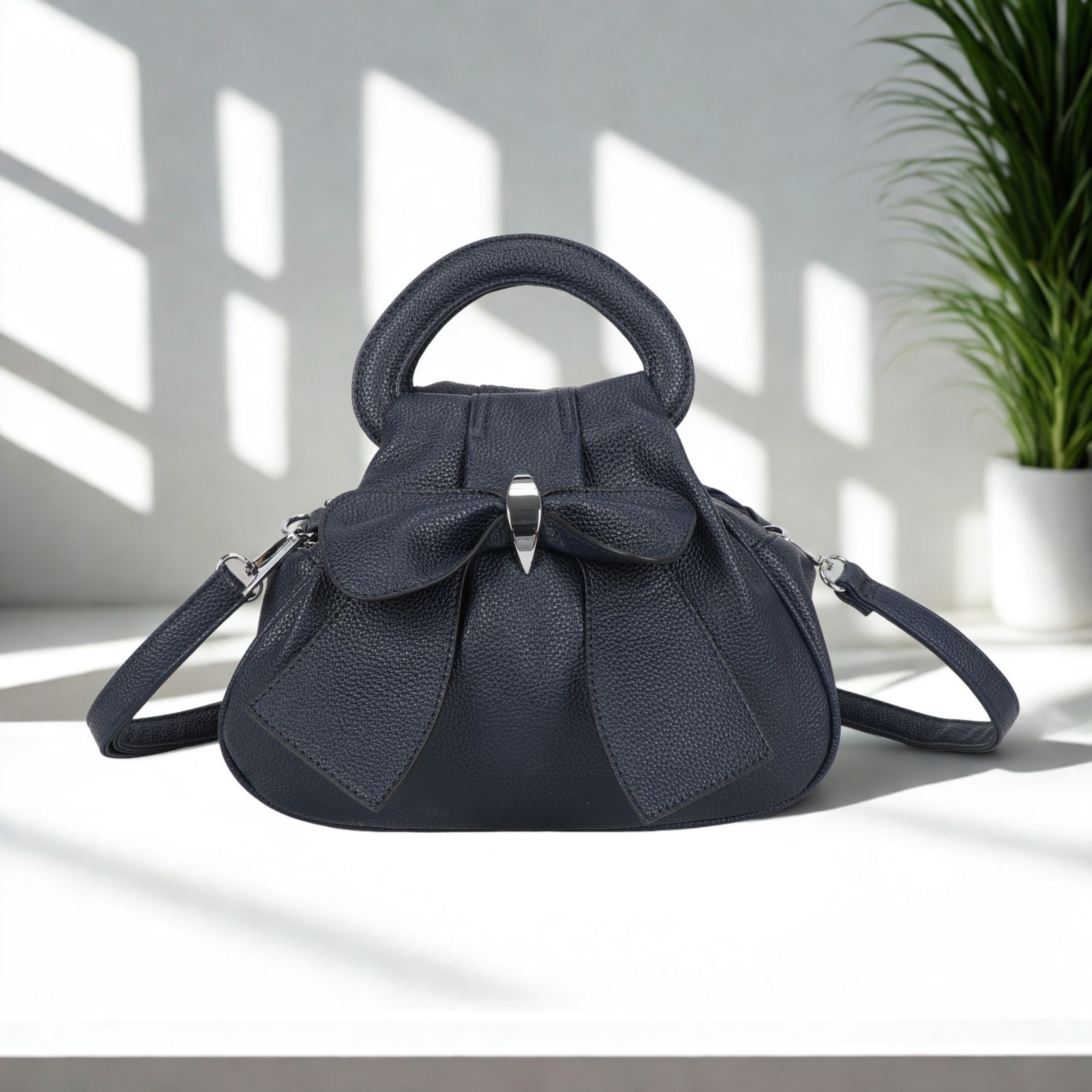 Ladies Bow Grab Bag Synthetic Handbag Crossbody Shoulder Bag 3 Zip Closure