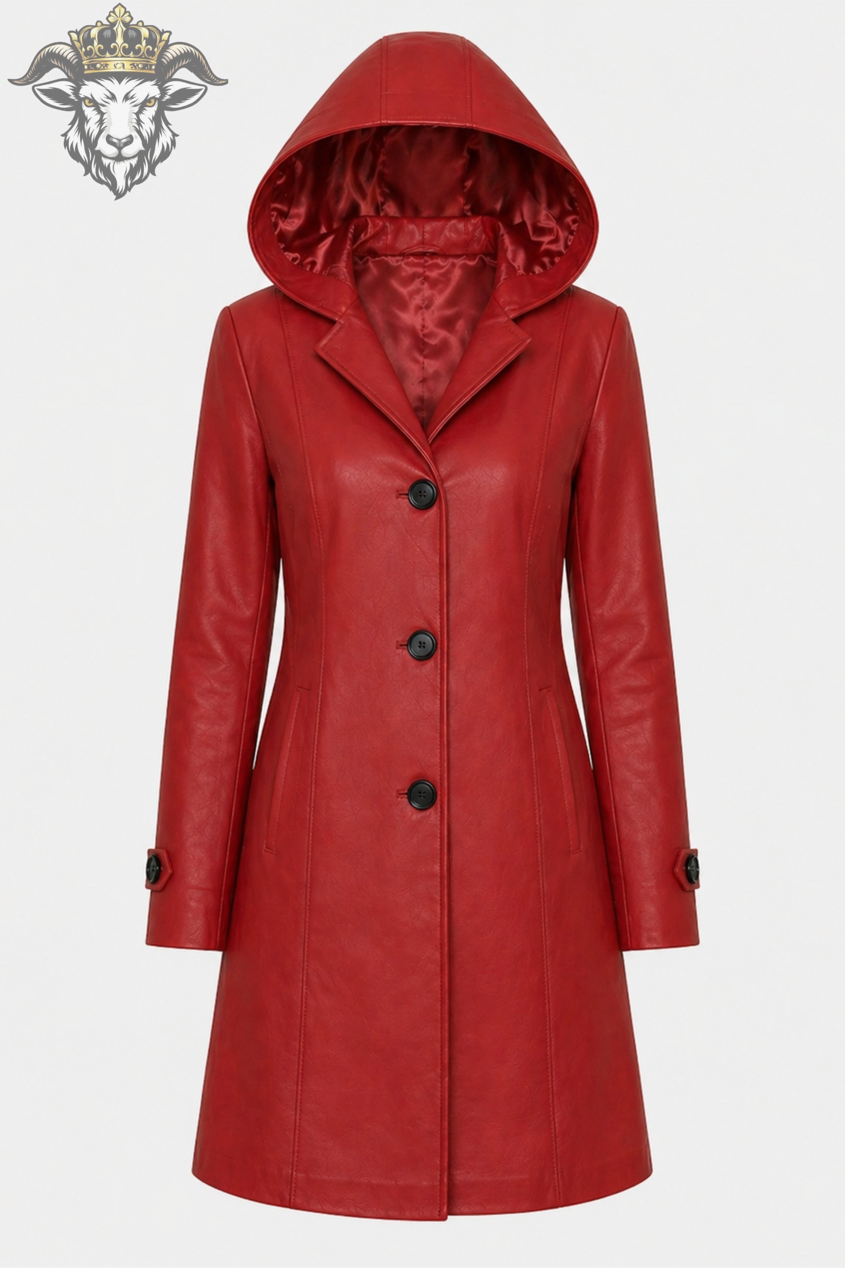 Women’s Red Real Leather Hooded Coat