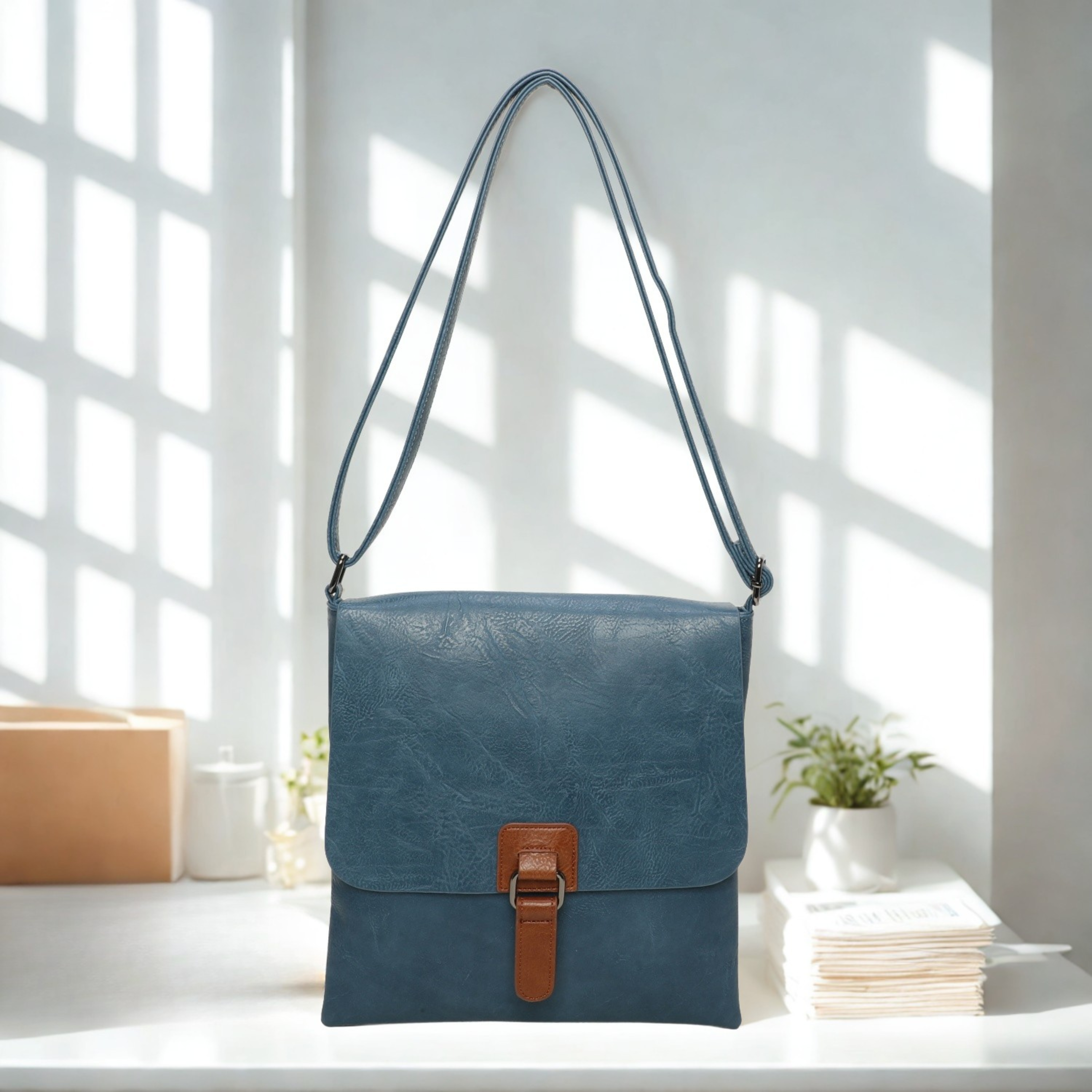 Women’s Slim Crossbody Shoulder Bag – Flap Over Synthetic Leather Handbag with Adjustable Strap, Back Zip Pocket & Dark Silver Hardware