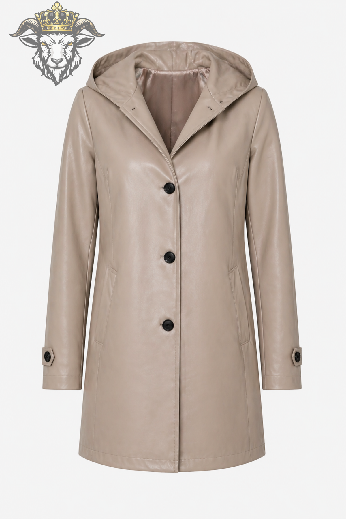 Women’s Beige Leather Hooded Trench Coat – Premium Long Leather Jacket with Black Buttons, Tailored Fit & Elegant Winter Outerwear