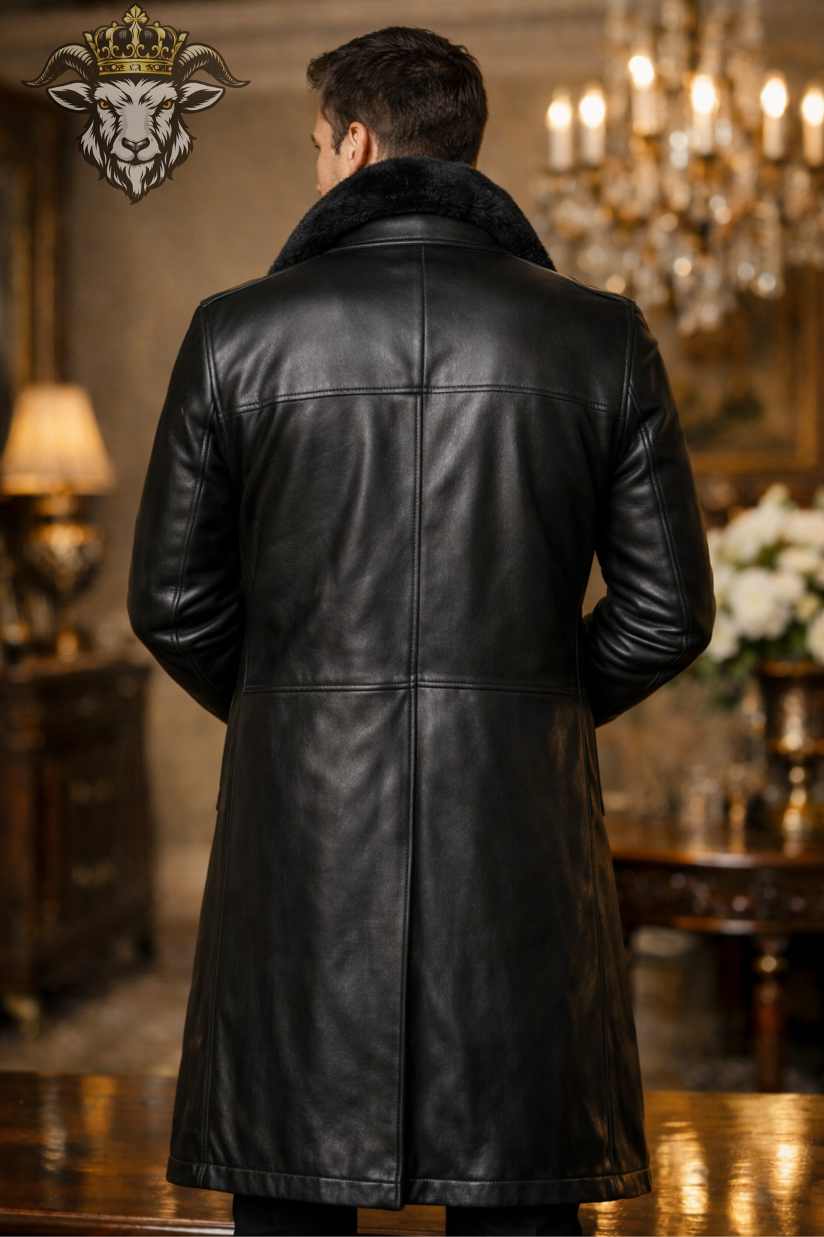 Men Black Real Leather Long Coat Faux Fur Lined Winter Coat Below Knee Trench Coat Button Closure Luxury Leather Overcoat