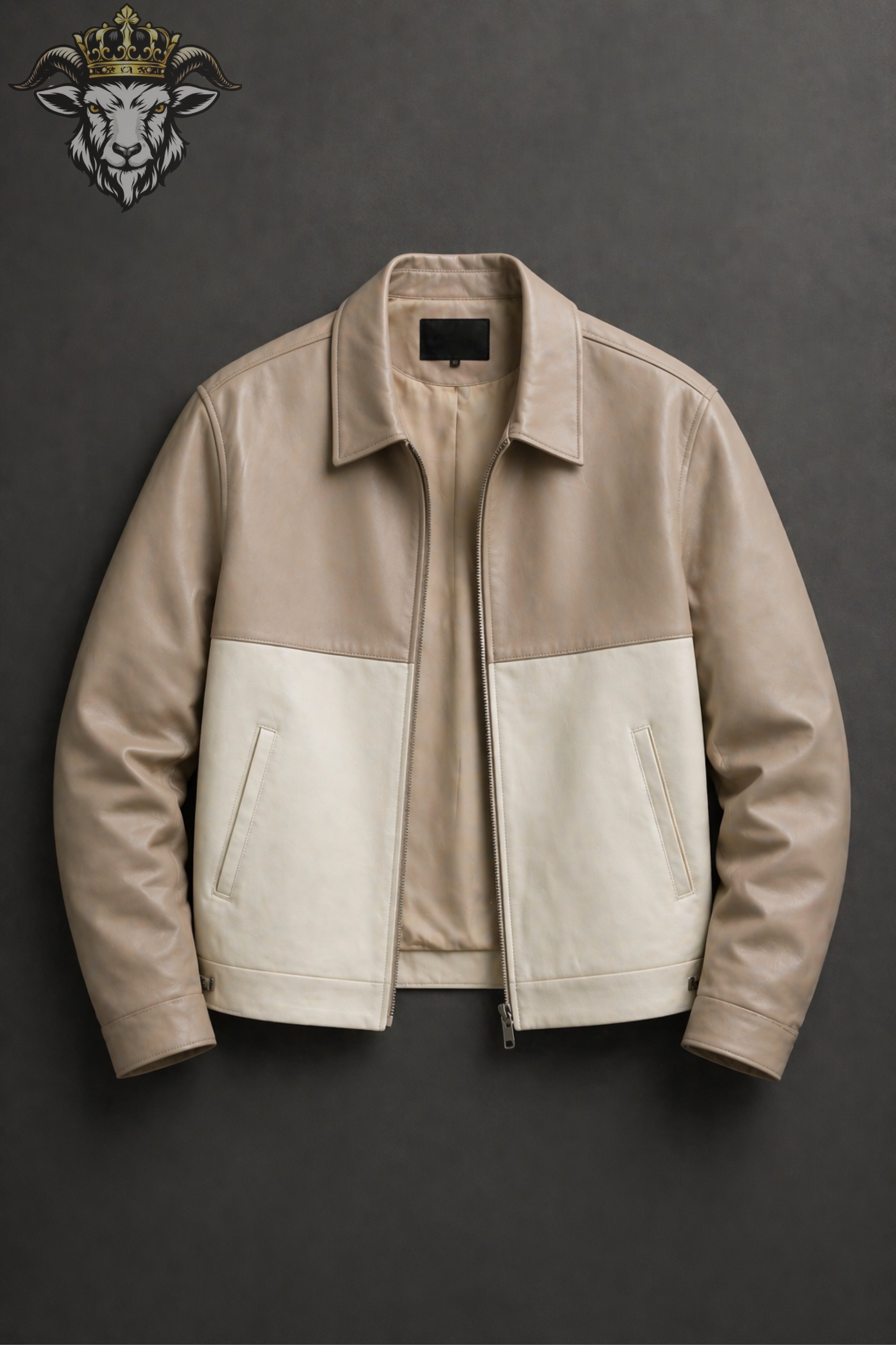 Men’s Two-Tone(Beige/Cream) Oversize Real Leather Bomber Jacket