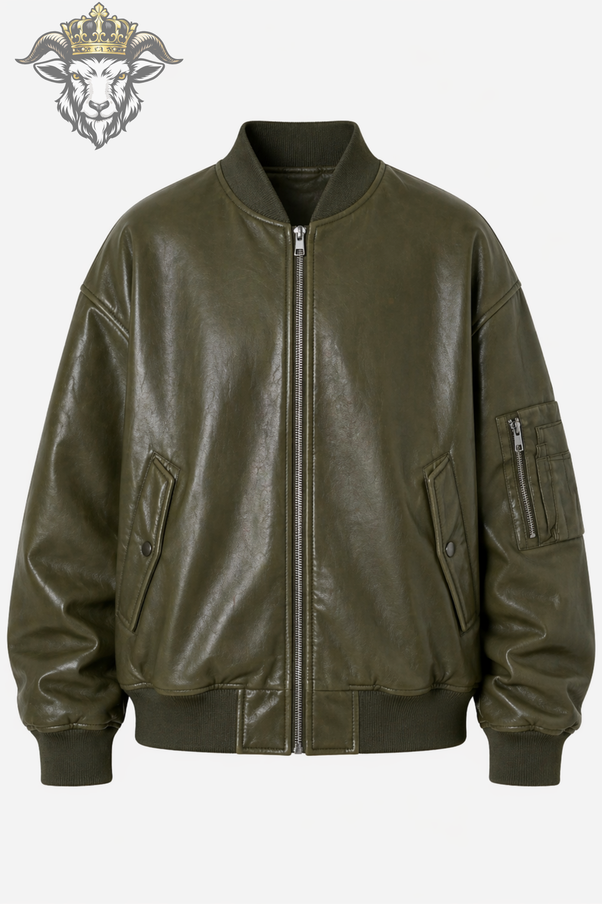 Women's Olive Green Leather Bomber Jacket, Oversized Zip Jacket, Relaxed Fit Streetwear Outerwear, Ribbed Collar Casual Jacket