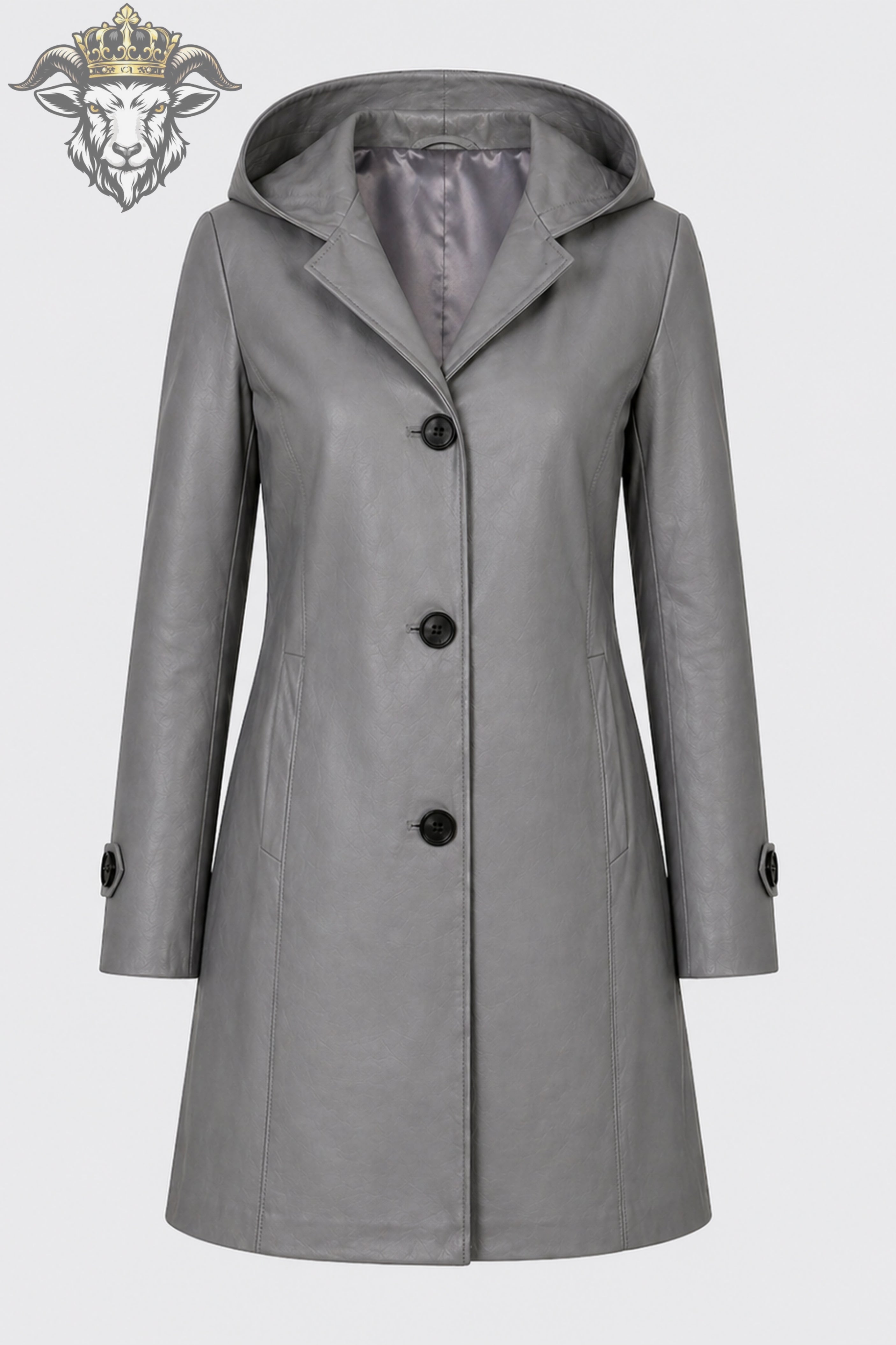 Women’s Grey Real Leather Hooded Coat