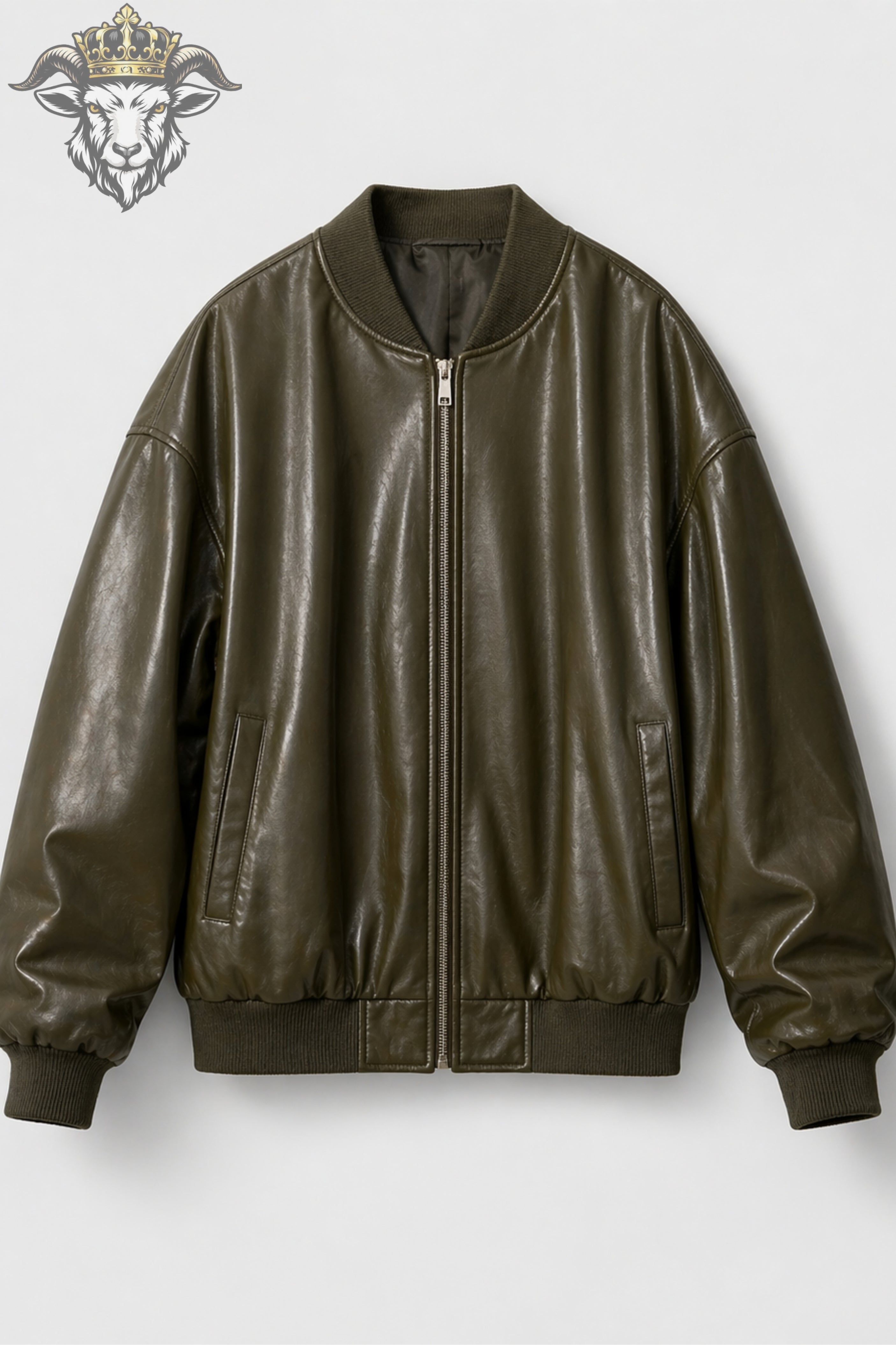 Women Olive Green Oversize Real Leather Bomber Jacket