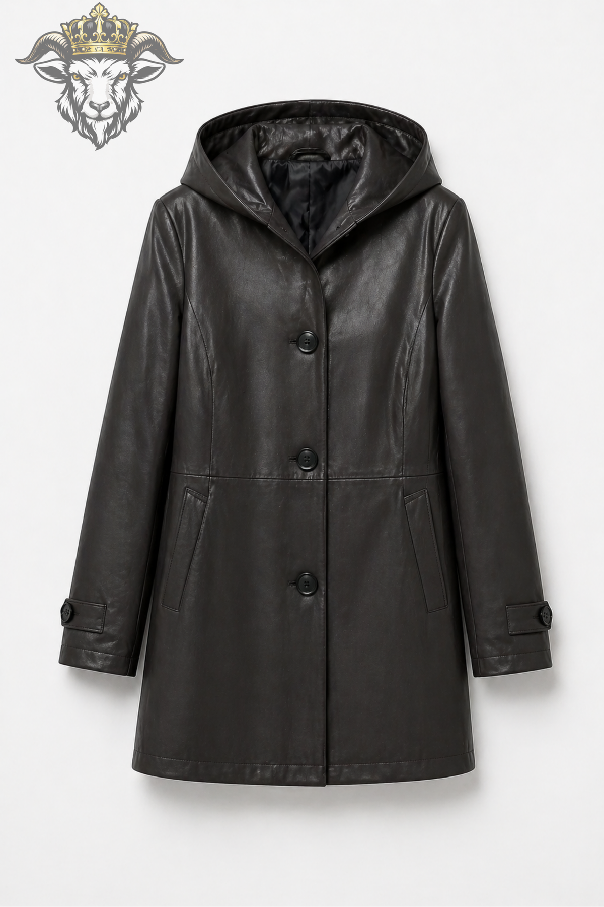 Women's Charcoal Leather Hooded Coat, Mid-Thigh Leather Jacket, Button Front Hooded Outerwear, Tailored Winter Coat, Elegant Minimalist Jacket