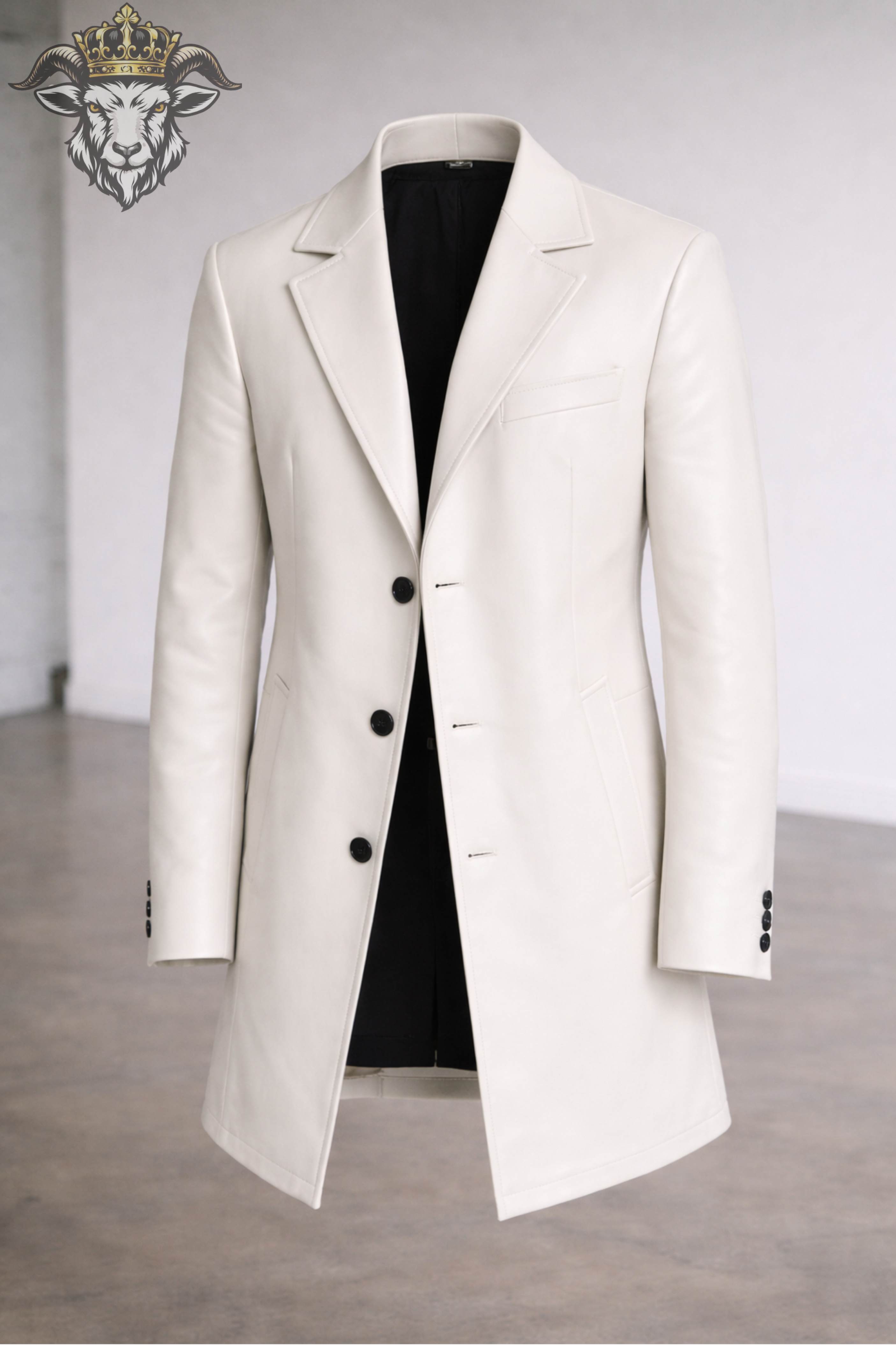 Men’s White Real Leather Coat – Mid-Thigh Length Premium Tailored Jacket with 3-Button Design, Modern Slim Fit Overcoat