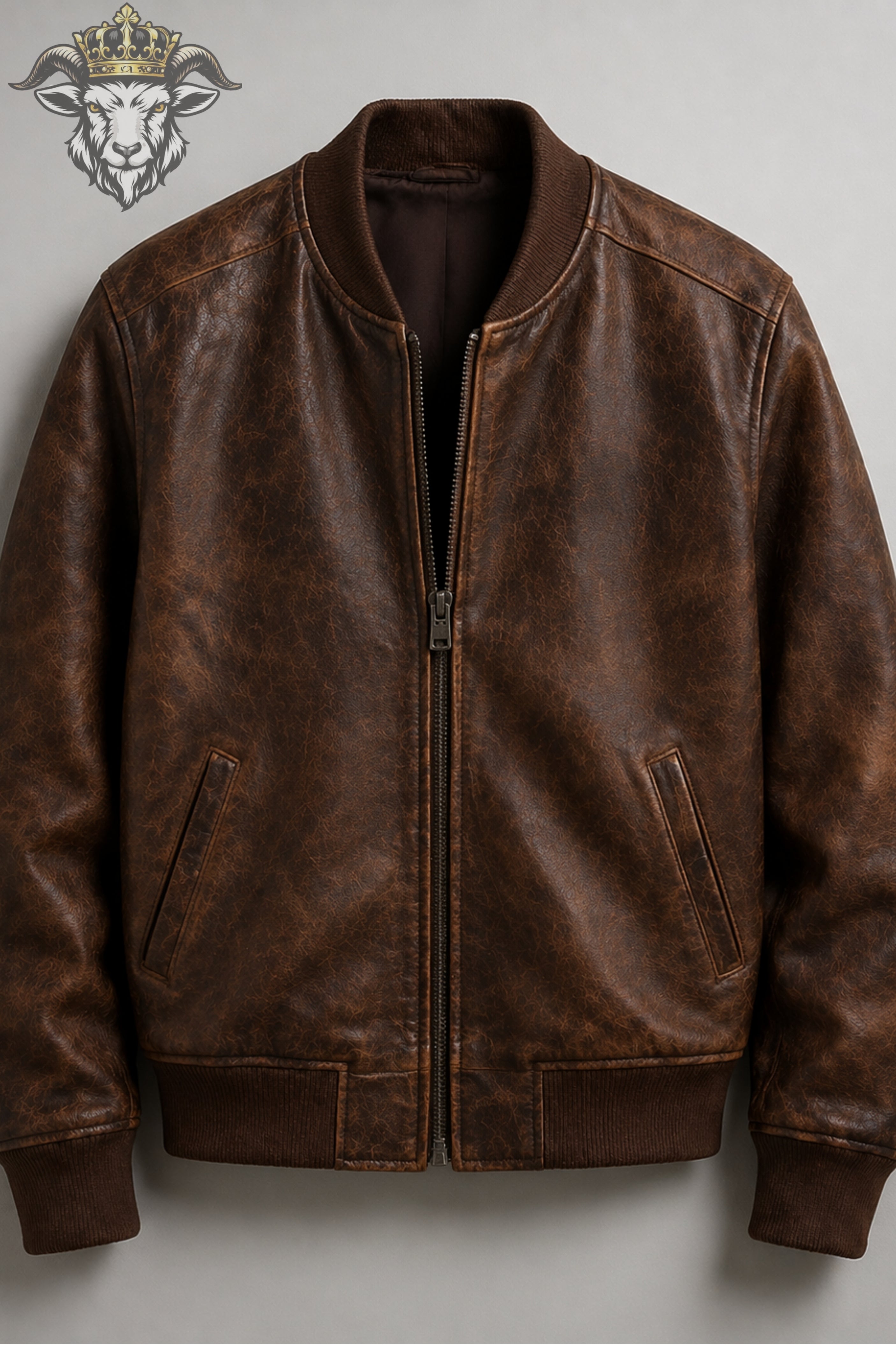 Men’s Distressed Brown Leather Bomber Jacket