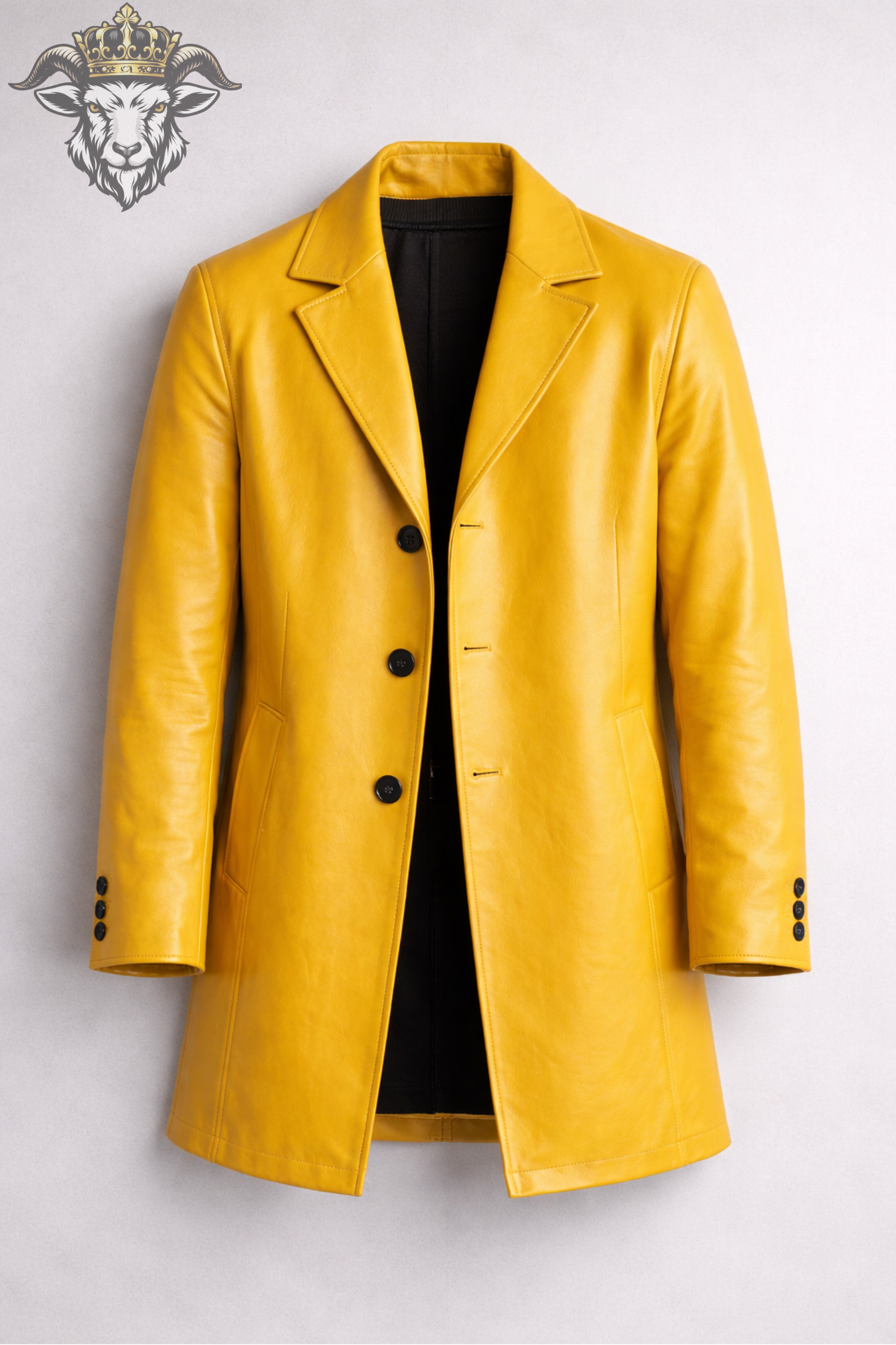 Men’s Yellow Real Leather Coat – Mid Thigh Premium Tailored Leather Jacket with Wide Lapels & Modern Fit