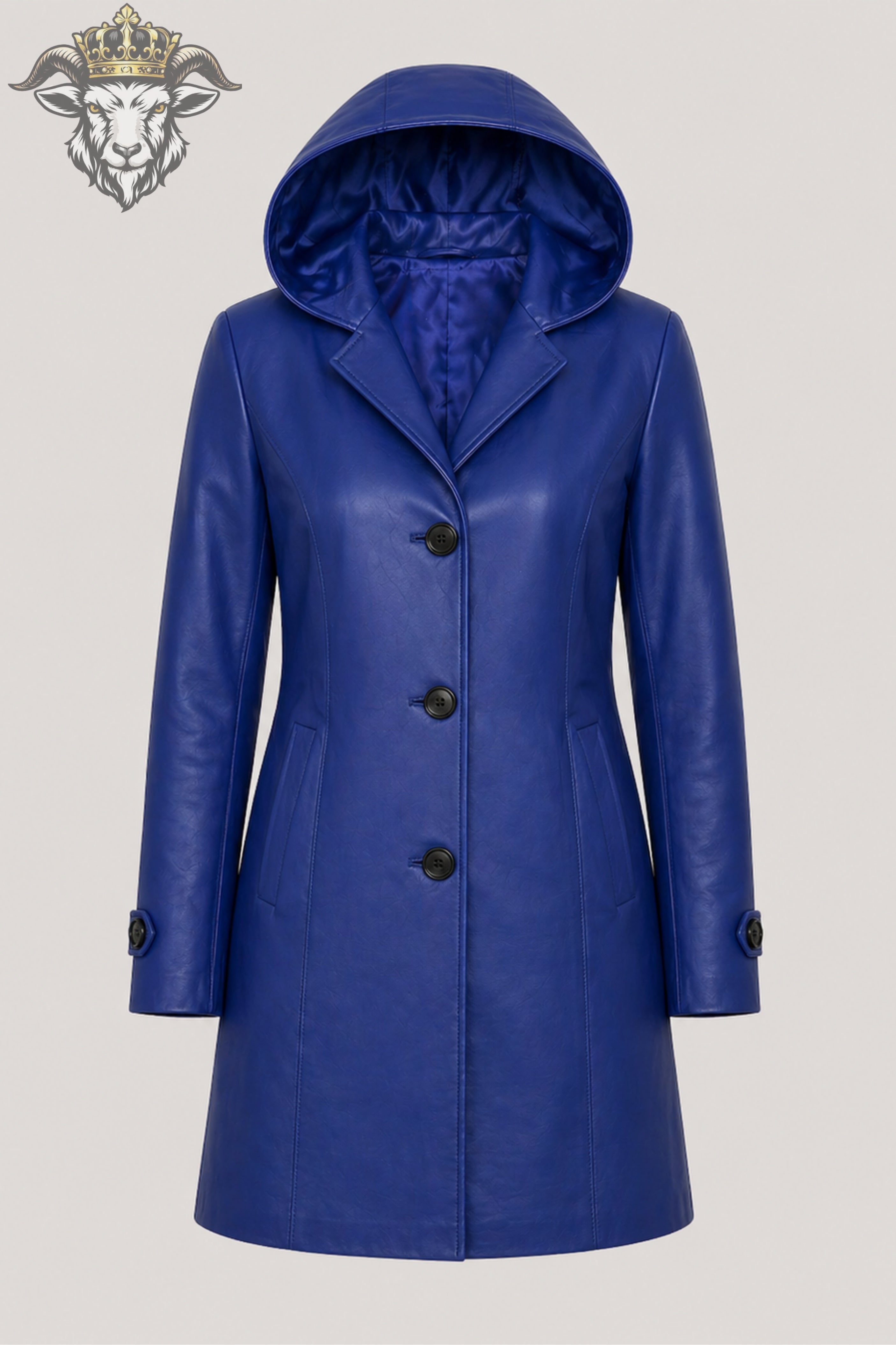 Women’s Royal Blue Real Leather Hooded Coat