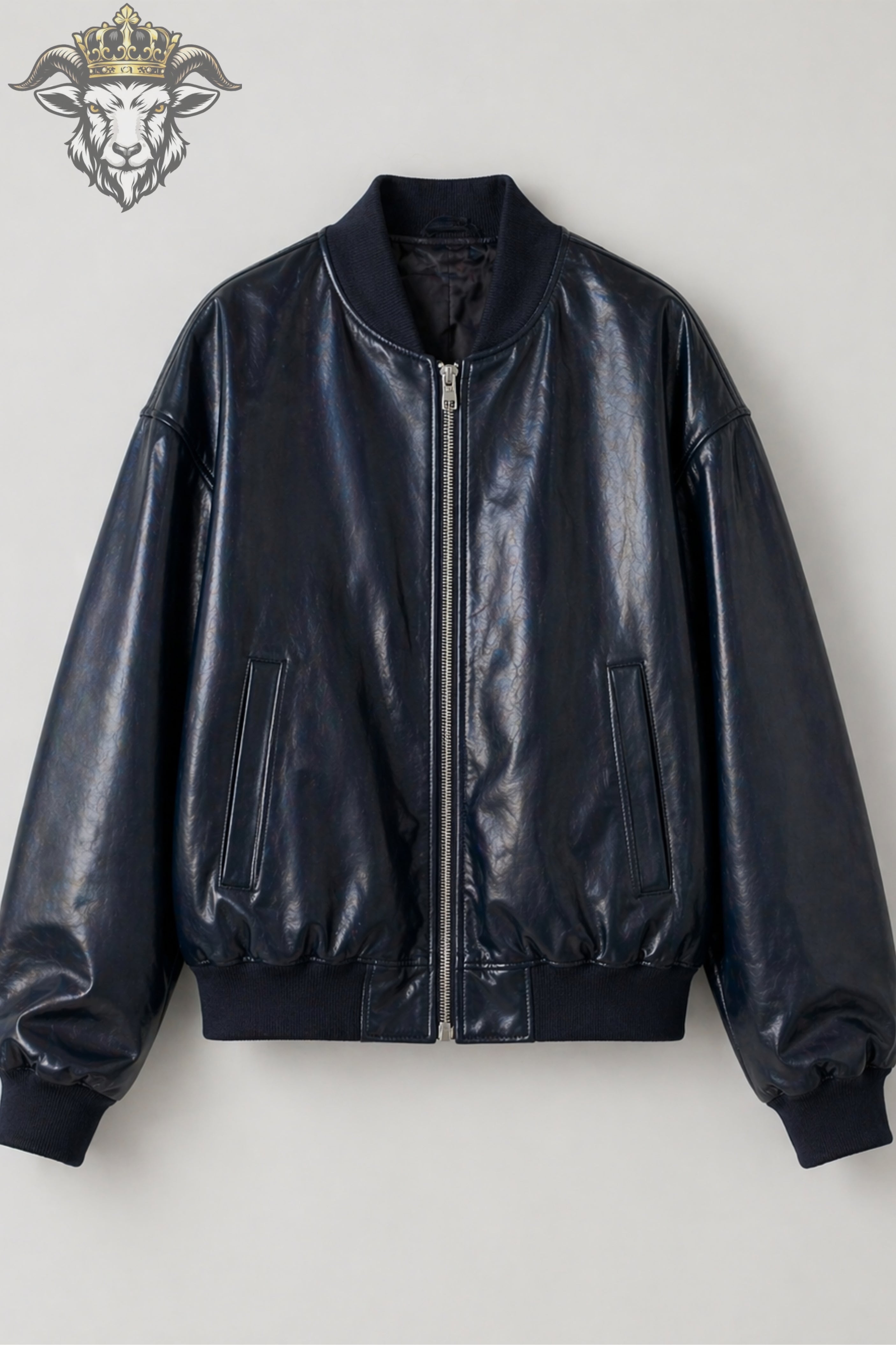 Women’s Navy Blue Oversize Real Leather Bomber Jacket