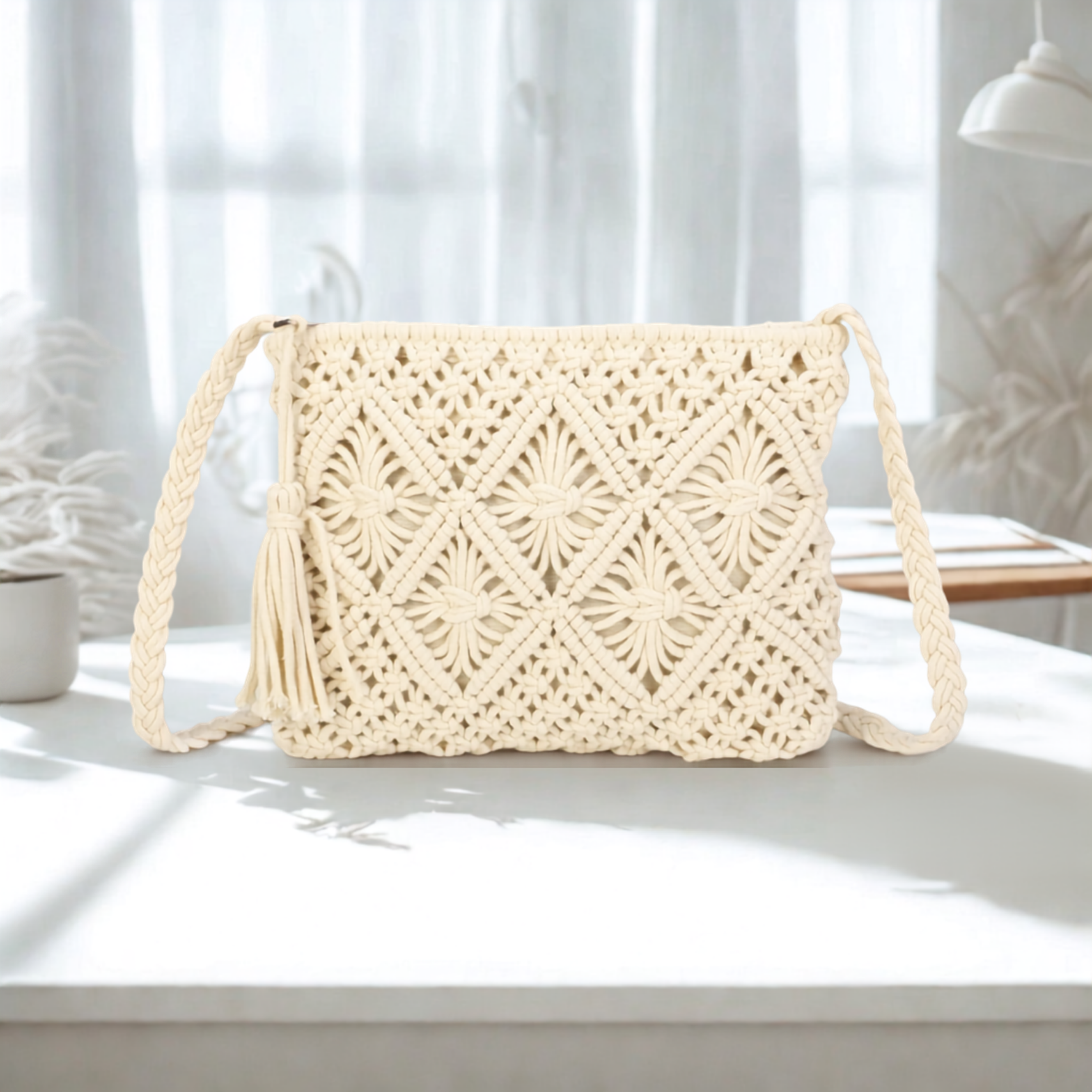 Women’s Knitted Crochet Crossbody Bag – Synthetic Top Zip Shoulder Bag with Long Strap