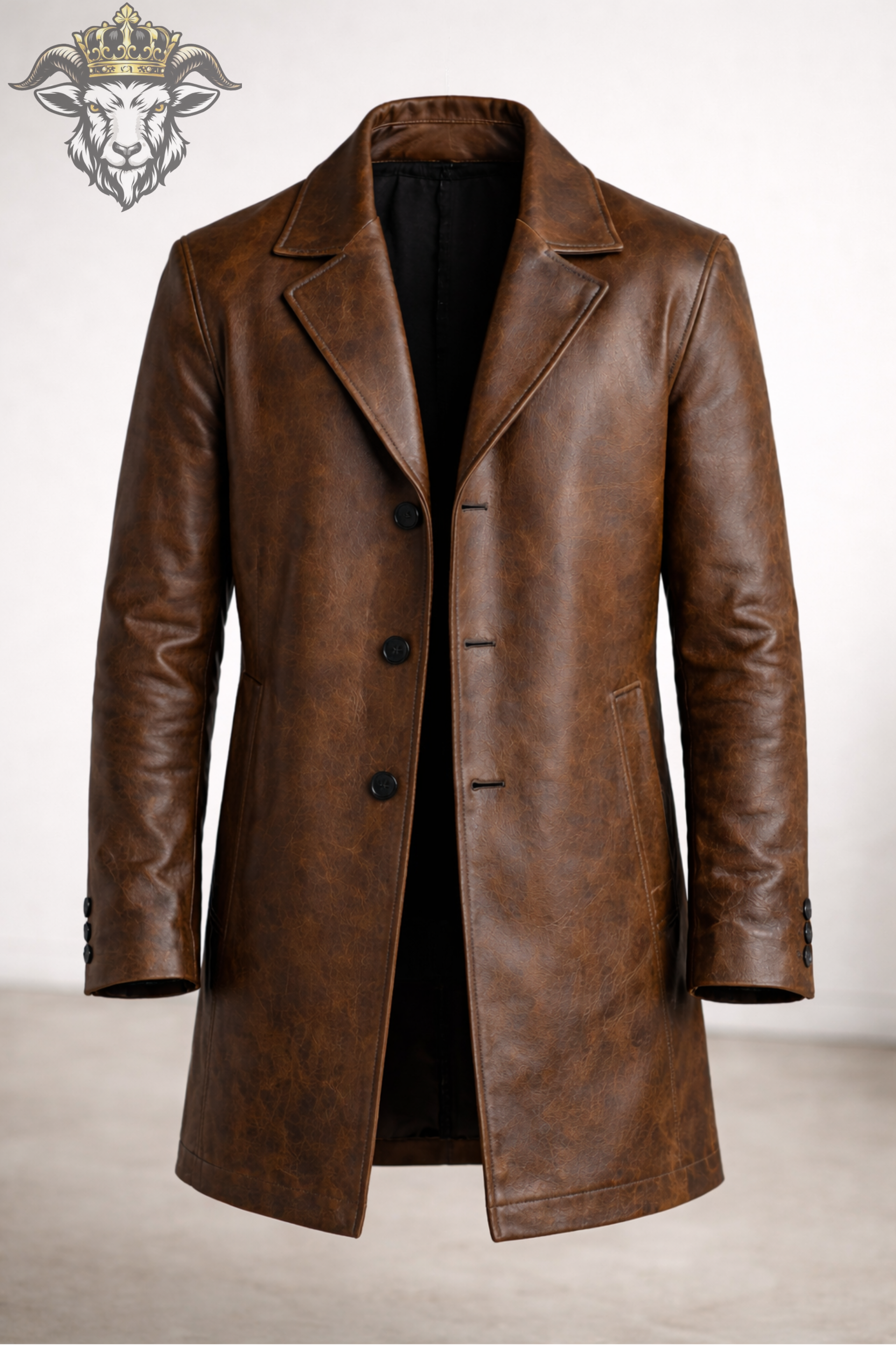 Men’s Distressed Brown Real Leather Coat – Mid-Thigh Premium Vintage Style Jacket | Classic Tailored Fit Winter Overcoat