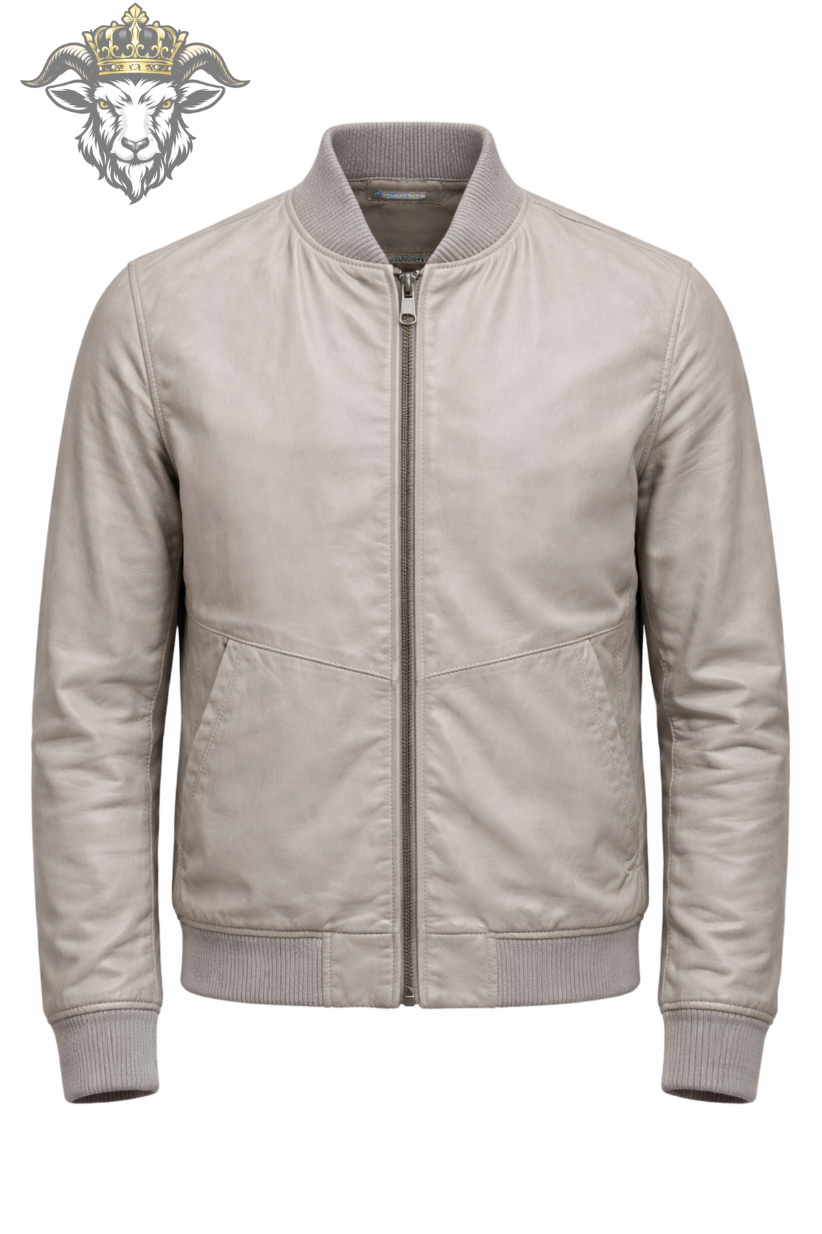 Men's Taupe Leather Bomber Jacket, Light Beige Zip Up Jacket, Ribbed Collar Minimalist Outerwear, Classic Casual Men's Jacket