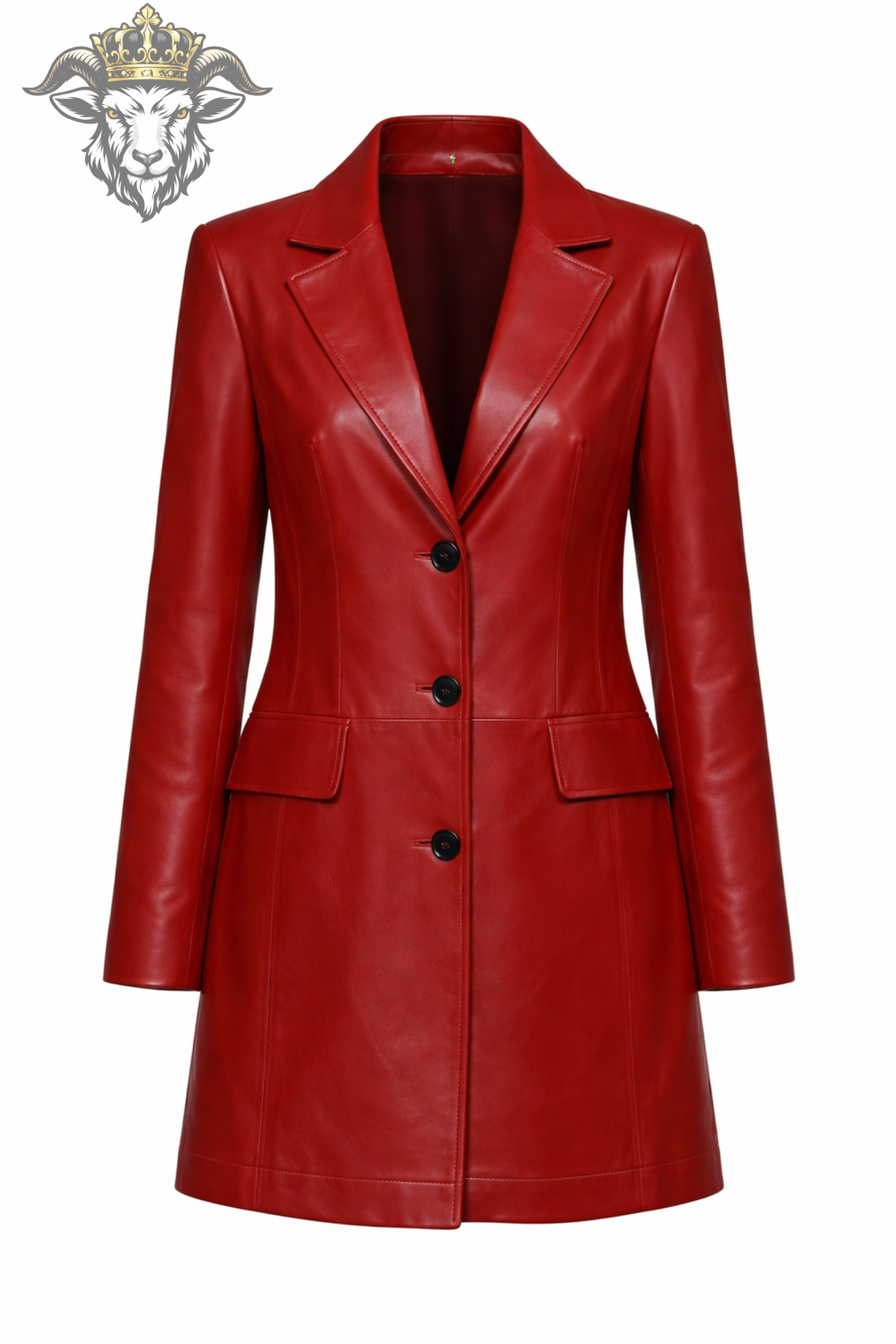 Women's Red Leather Coat, Slim Fit Tailored Trench Jacket, Glossy Button Front Outerwear, Elegant Mid Length Fashion Coat