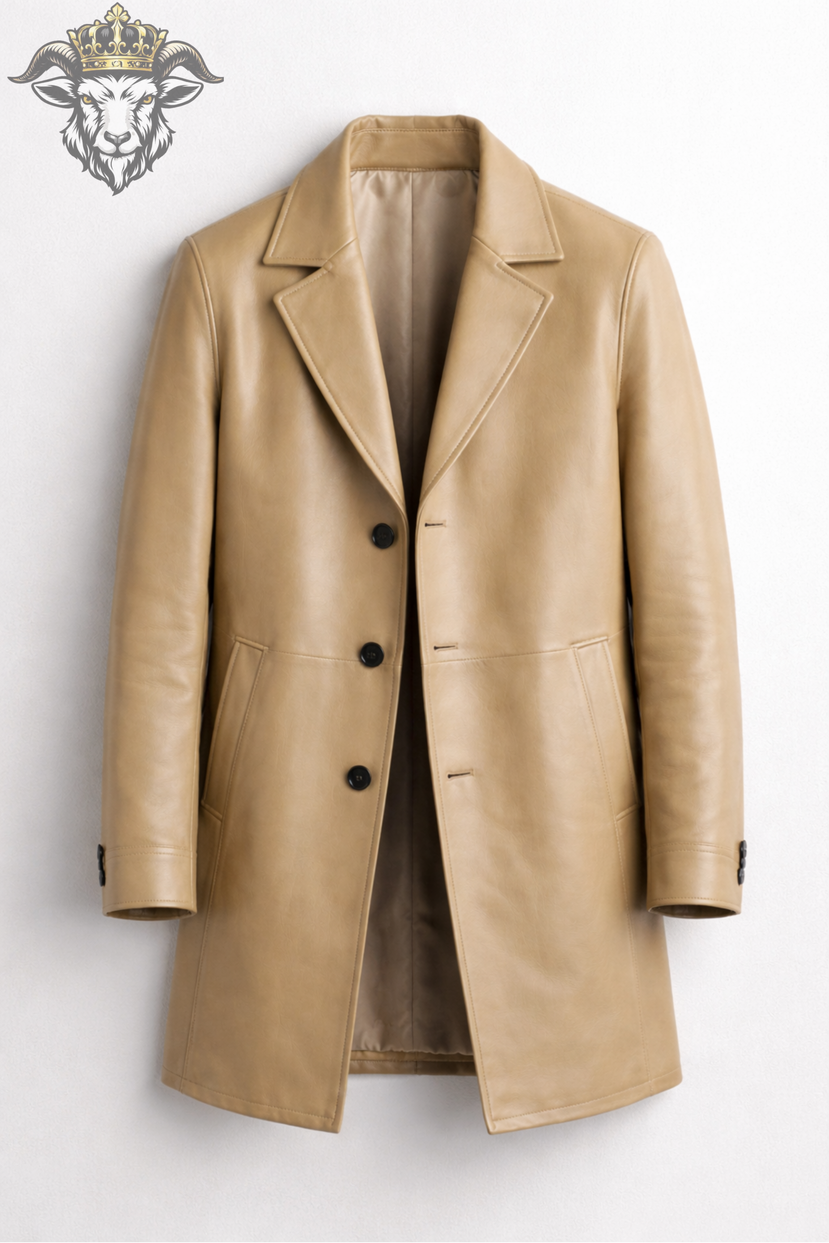 Men’s Real Leather Coat – Premium Beige Mid-Length Leather Jacket with Classic Lapel, Tailored Fit Winter Overcoat for Men