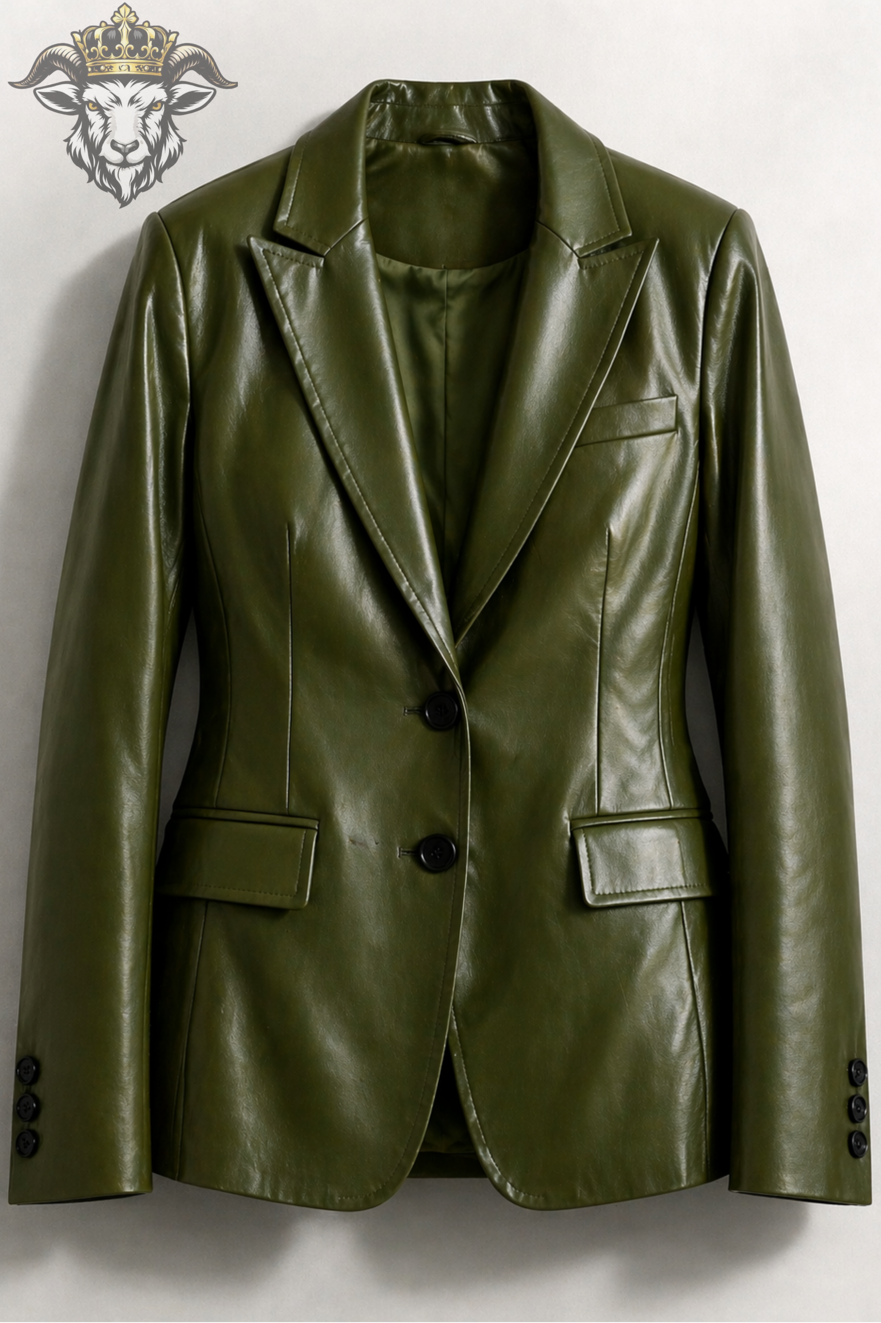 Women’s Olive Green Real Leather Blazer – Premium Tailored Fit Two Button Jacket