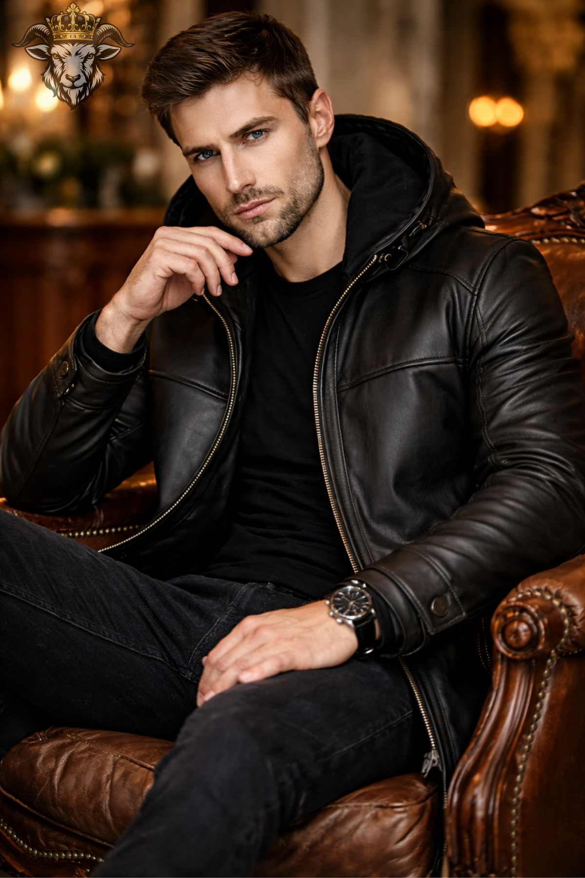 Men’s Black Genuine Leather Hooded Long Coat, Above Knee Winter Jacket, Zip Front Biker Trench Coat, Stylish Gothic Outerwear